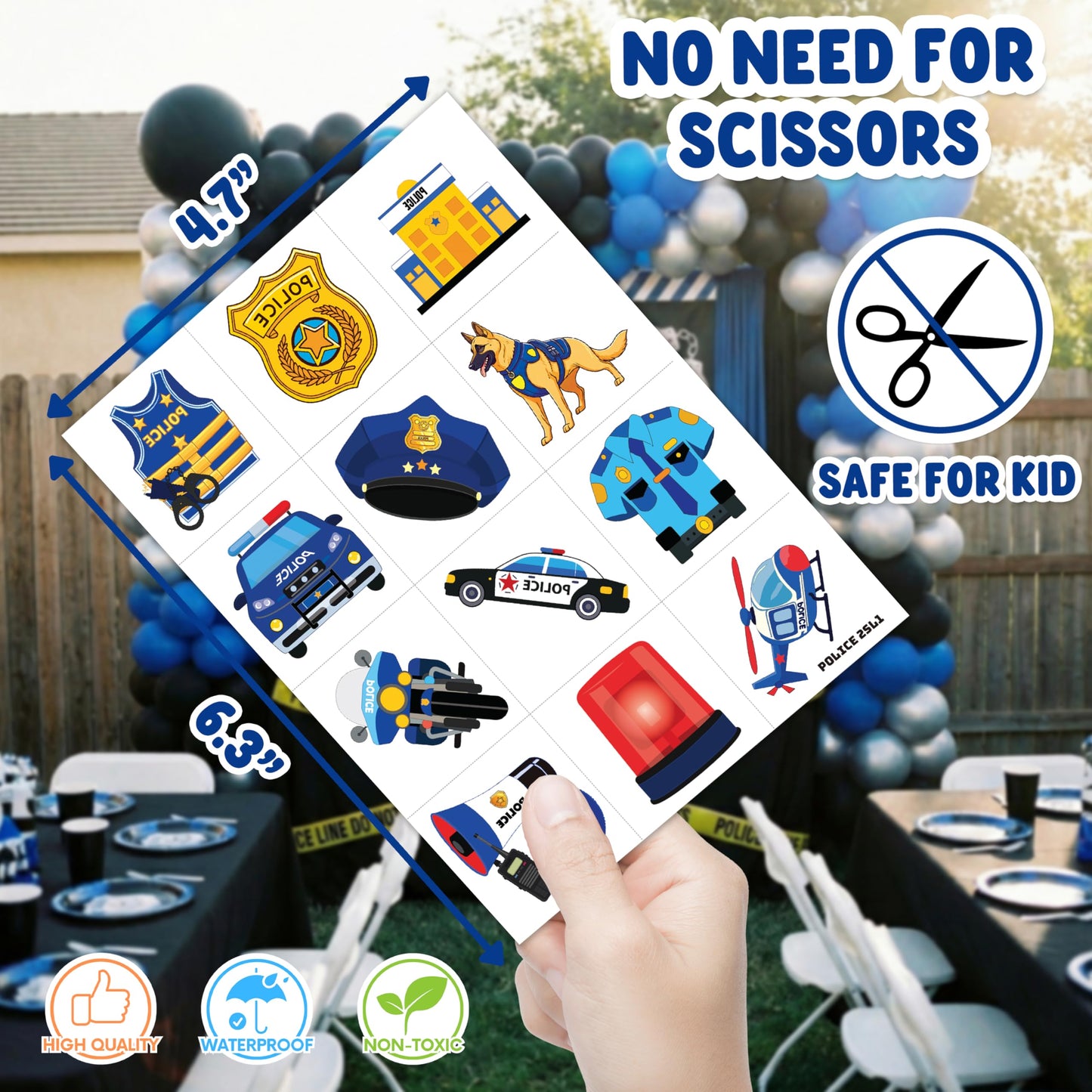 48PCS Police Party Favors - 24PCS Temporary Tattoos & 24PCS Stick Hands Party - Perfect Birthday Party Supplies, Goodie Bag Stuffers, Treasure Box Toys, Classroom Prizes, and Student Gifts