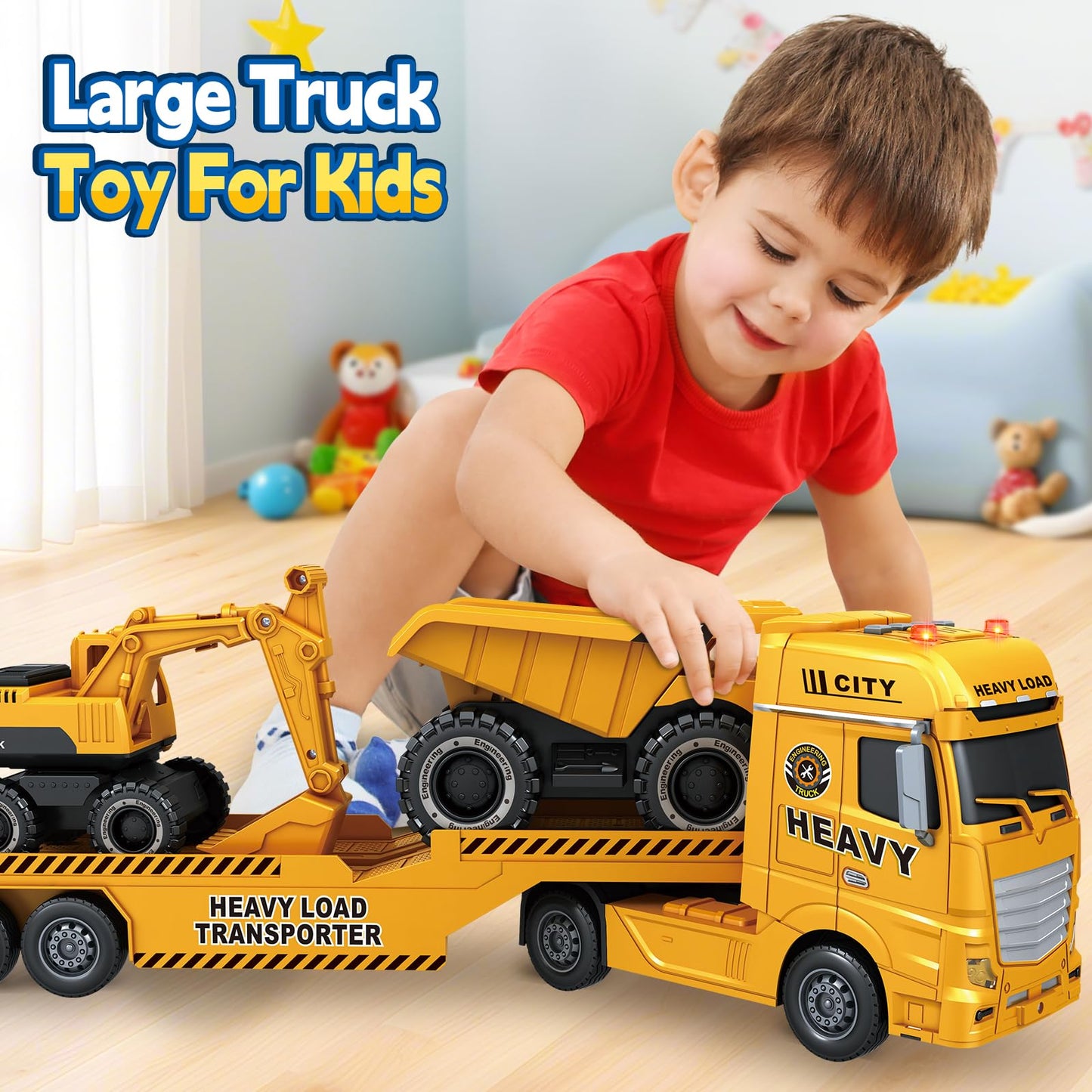 Bstoyder Toddler Boy Toys for 3 4 5 6 7 Years Kids, 25" Semi Construction Carrier Truck Toy with Excavator and Dump Truck, Friction Powered Toys with Lights and Sounds, Birthday for Boy Girls