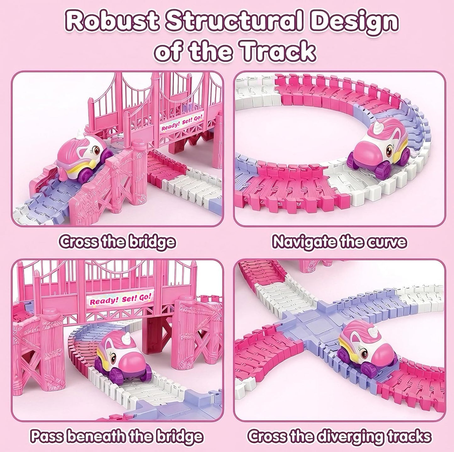 Race Car Tracks Toy Set for Girls Age 3-8, 214PCS Pink Princess Cars Toys with Monster Truck & Magic Bendable Train Tracks, Flexible DIY Raceway Set for Toddler Girls Christmas Birthday Gifts