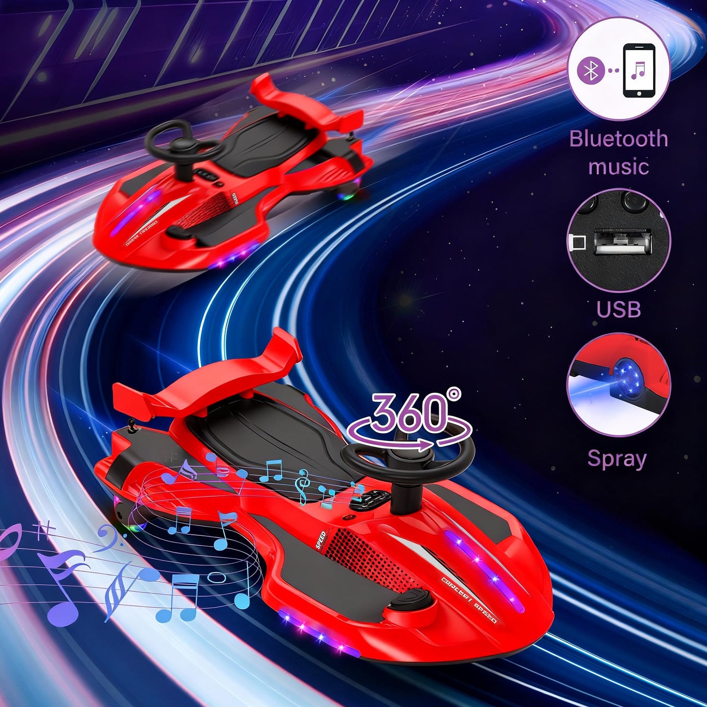12V Electric Wiggle Car with Pedal for Kids, Rechargeable 2 in 1 Swing Toy, Devil Drifting Car with Backrests, Anti-Rollover, Spray, Light, Bluetooth, Maximum Speed up to 4 mph, for Ages 3 and Up