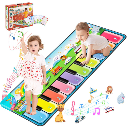 FUCEORUY Piano Mat Musical Toys for Toddlers 1-3, Sensory Learning Toy Floor Piano Playmat Toys for 1 2 Year Old Boy Girl Gifts, with 7 Animal, 7 Vehicle & 10 Songs Sound (Kids Edition)