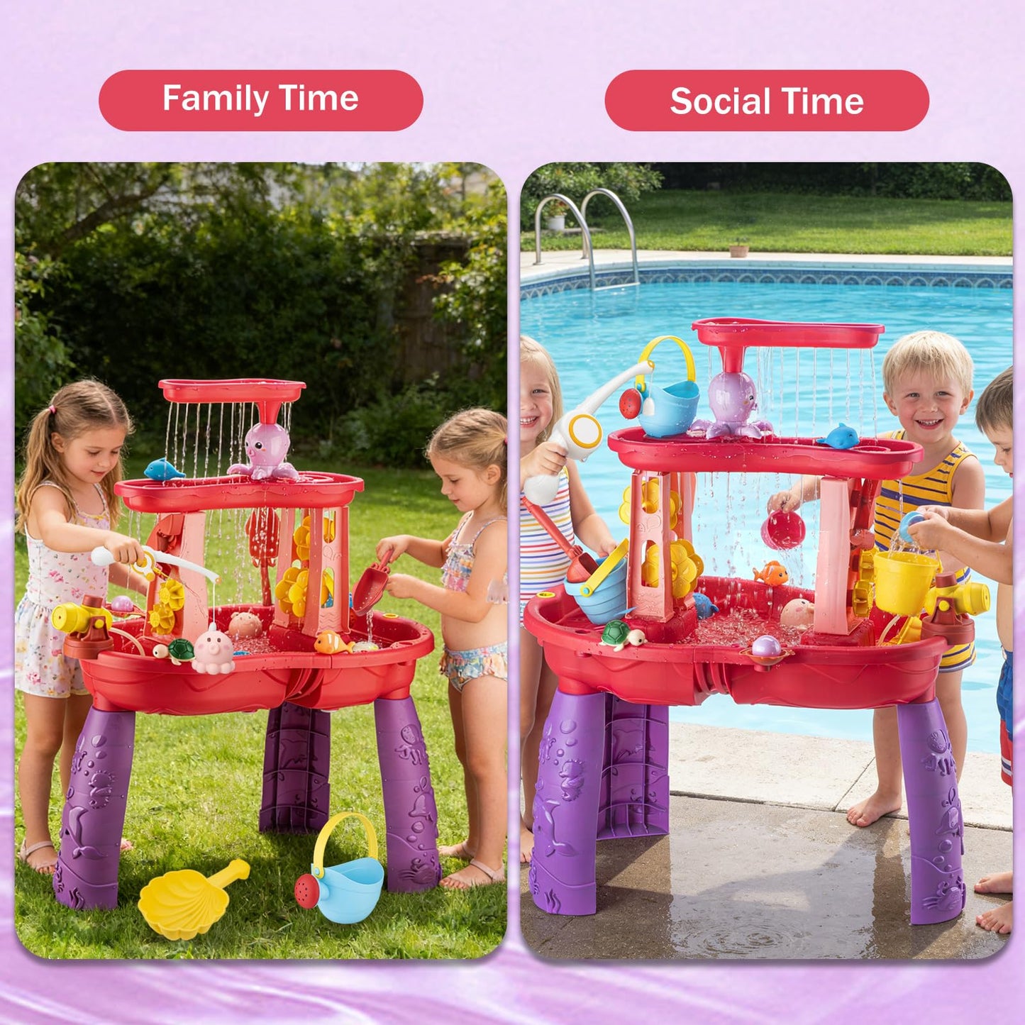 Water Table for Toddlers 3-5 Outdoor Toys for Kids Ages 4-8 3-Tier Kids Sand Water Table with Fishing Game Set Activity Sensory Table Summer Gift Beach Outside Toys for Toddler Girl