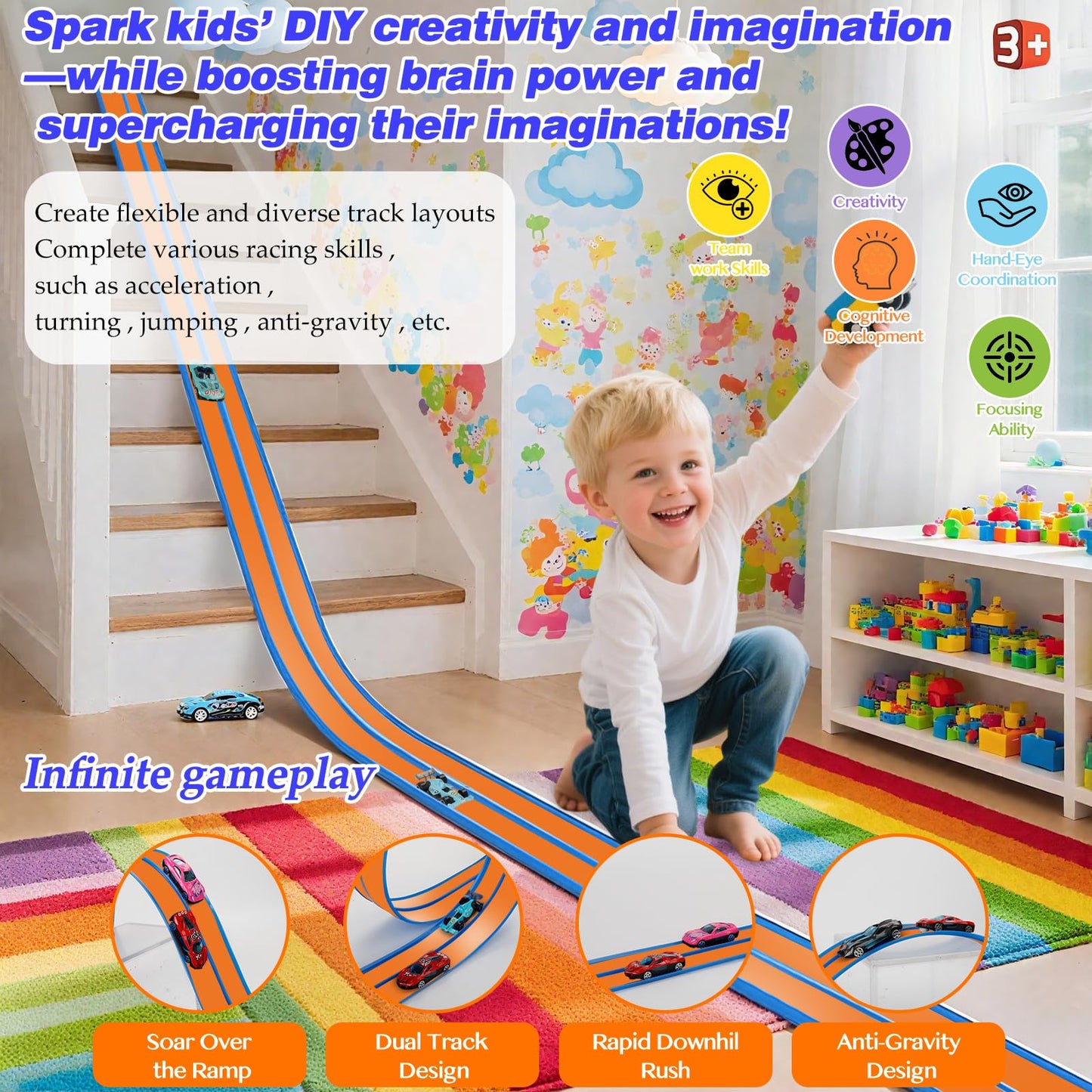 Flexible Car Track for Kids: 15 Ft of Portable Roll-Up DIY Flexible Race Track with 8 Cars & 4 Strong Suction Cups Car Ramp Toy Track, – A Great Birthday for Boys & Girls Ages 3+ (Orange-Blue)