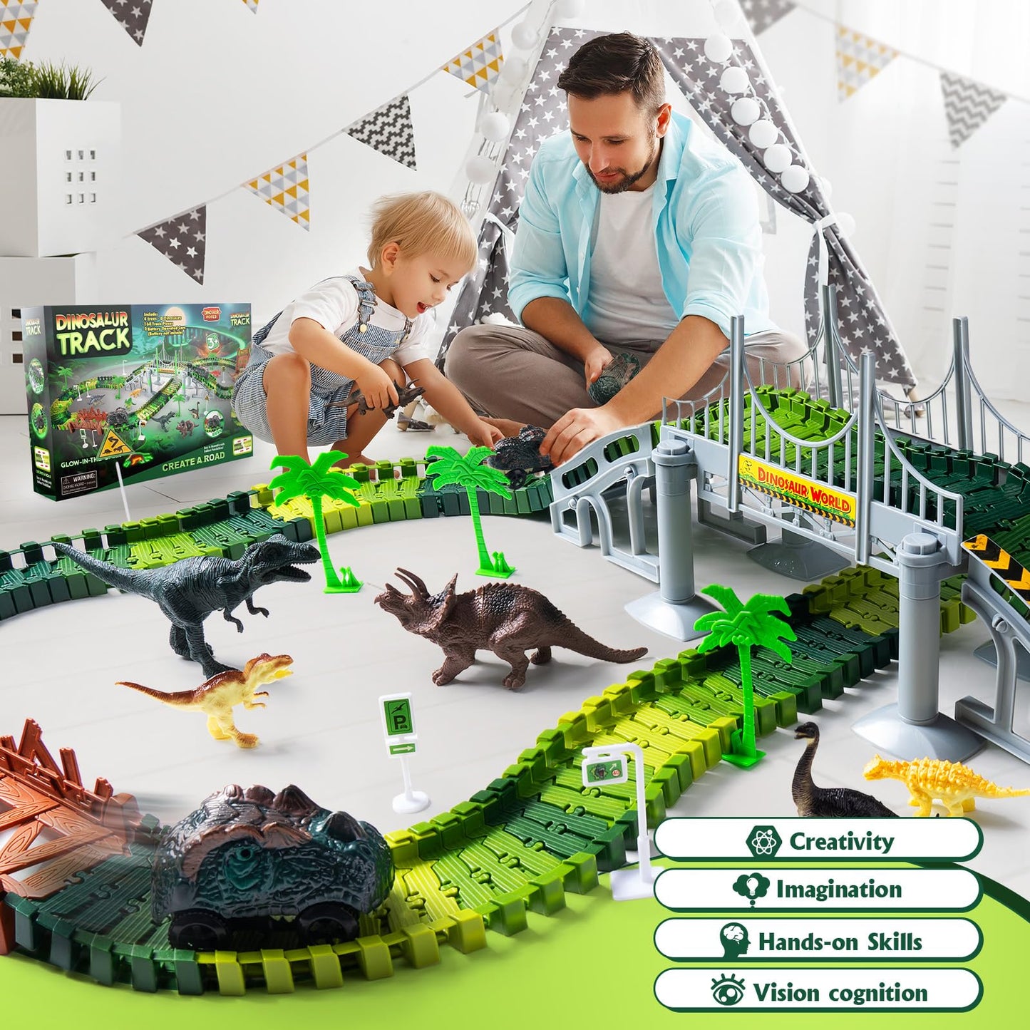 268 PCS Race Tracks Dinosaur Toys for Kids 3-5, Glow in The Dark Magic Toy Set, 2 Dinosaur Cars Track, Flexible DIY Track Set, Birthday Gift for Age 3-9 Boys Toddler Girls