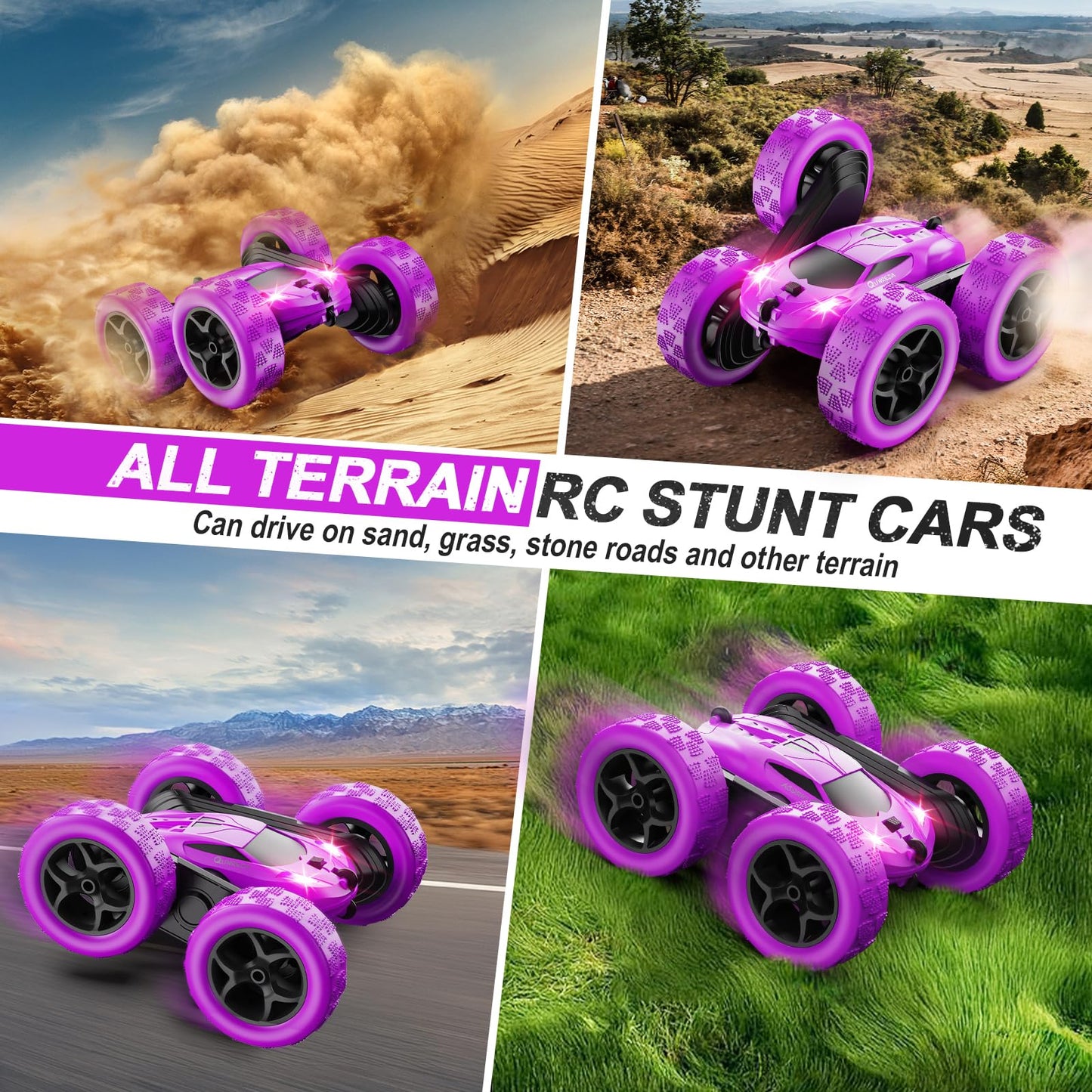 QUNREDA RC Cars, Purple Remote Control Car for Girls, 2.4 GHZ Double Sided RC Stunt Car 360° Rotating Remote Control Crawler with Headlights Car Toys for 6 7 8 9 10 11 12 Girls Birthday Gift
