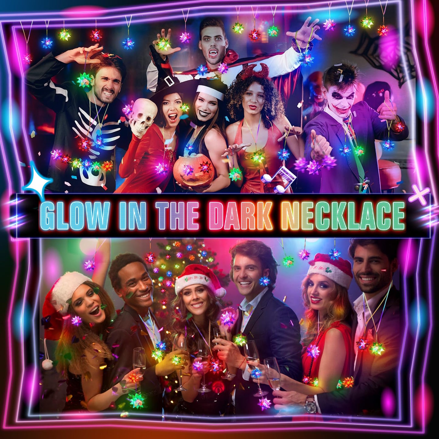 HONLYNE 48PCS Flashing Crystal Star Necklaces, Glow Necklaces Bulk Light up Party Favors, LED Glow in The Dark Party Favors for Kids Adults Birthday Glow Party Rave Halloween Goodie Bags Filler