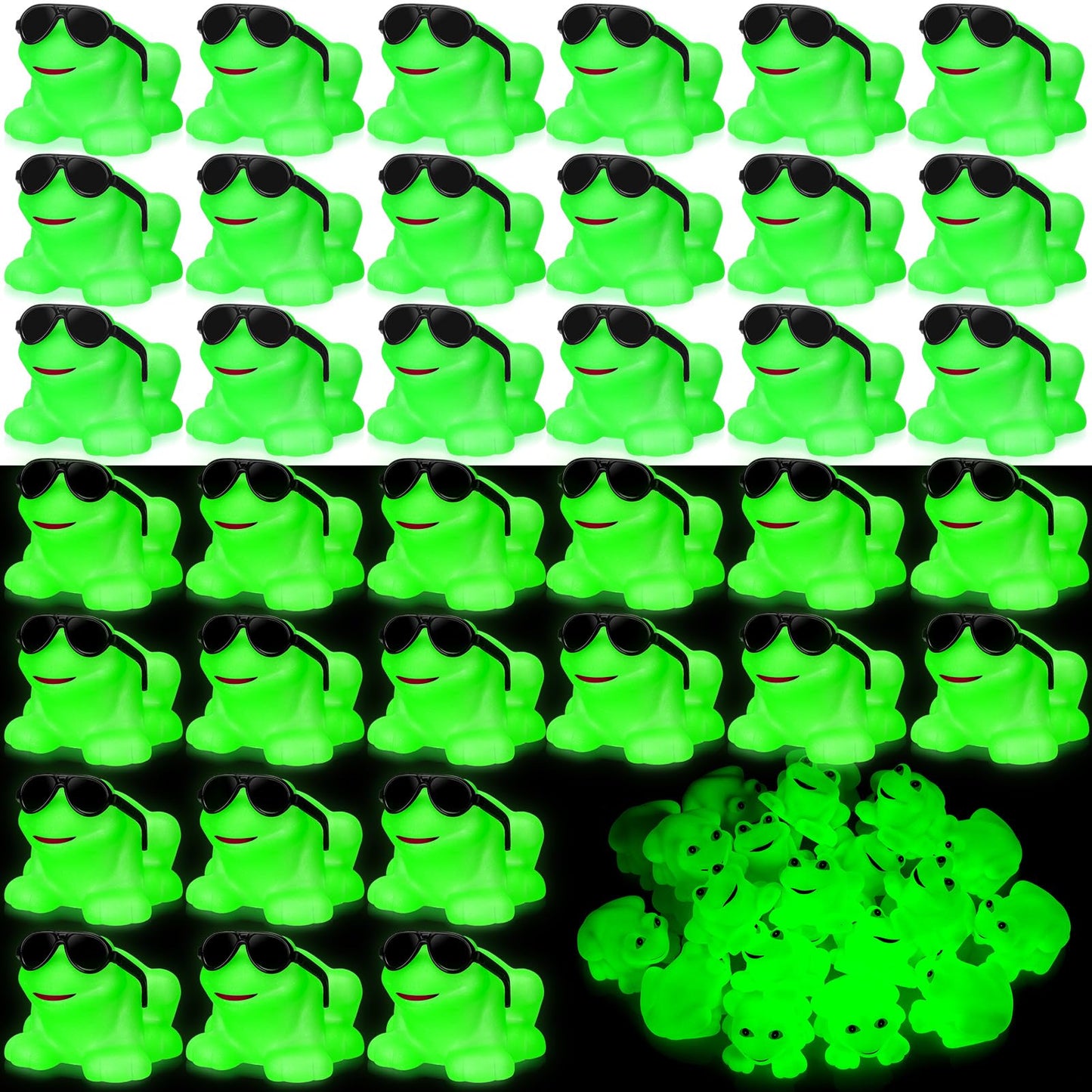 Halloscume 36 Pack Rubber Frogs Squeak and Floating Mini Glow in The Dark Frogs with Glasses Cute Swimming Bathtub Toy for Spring Party Favor