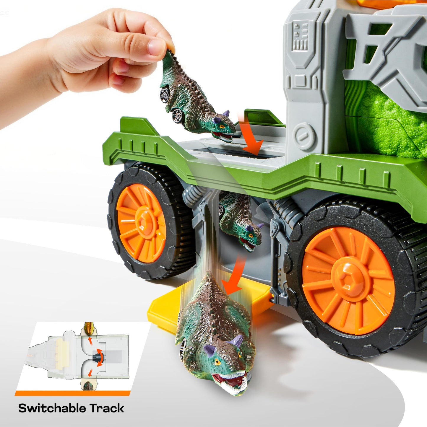 JOVA Vroomix Dinosaur Toys for Kids 3-5, Dinosaur Carrier Truck with 2 Pcs Cars and 6 Pcs Figures for Toddlers, T.Rex Truck with Launcher and Darts, Birthday Gifts Toys for 3 4 5+ Year Old Boy