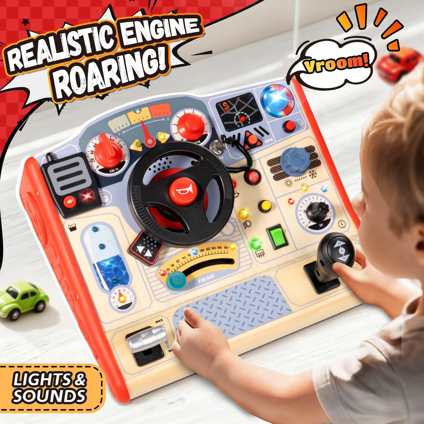 Toddler Busy Board Toy for Steering Wheel with Sounds & Lights, Sensory Montessori Toy for 3 Year Old Boys Girls Birthday Present, Wooden Travel Toys for Kids Ages 3