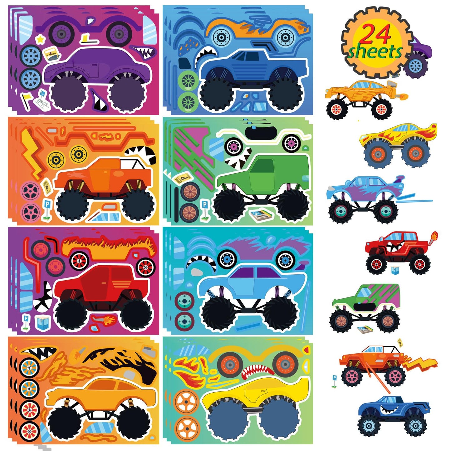 24 Sheets Monster Truck Sticker, Monster Truck Party Favor, Make Your Own Stickers Cartoon Car Make-a-face Stickers Classroom Activities Birthday Gift for Girls Boys