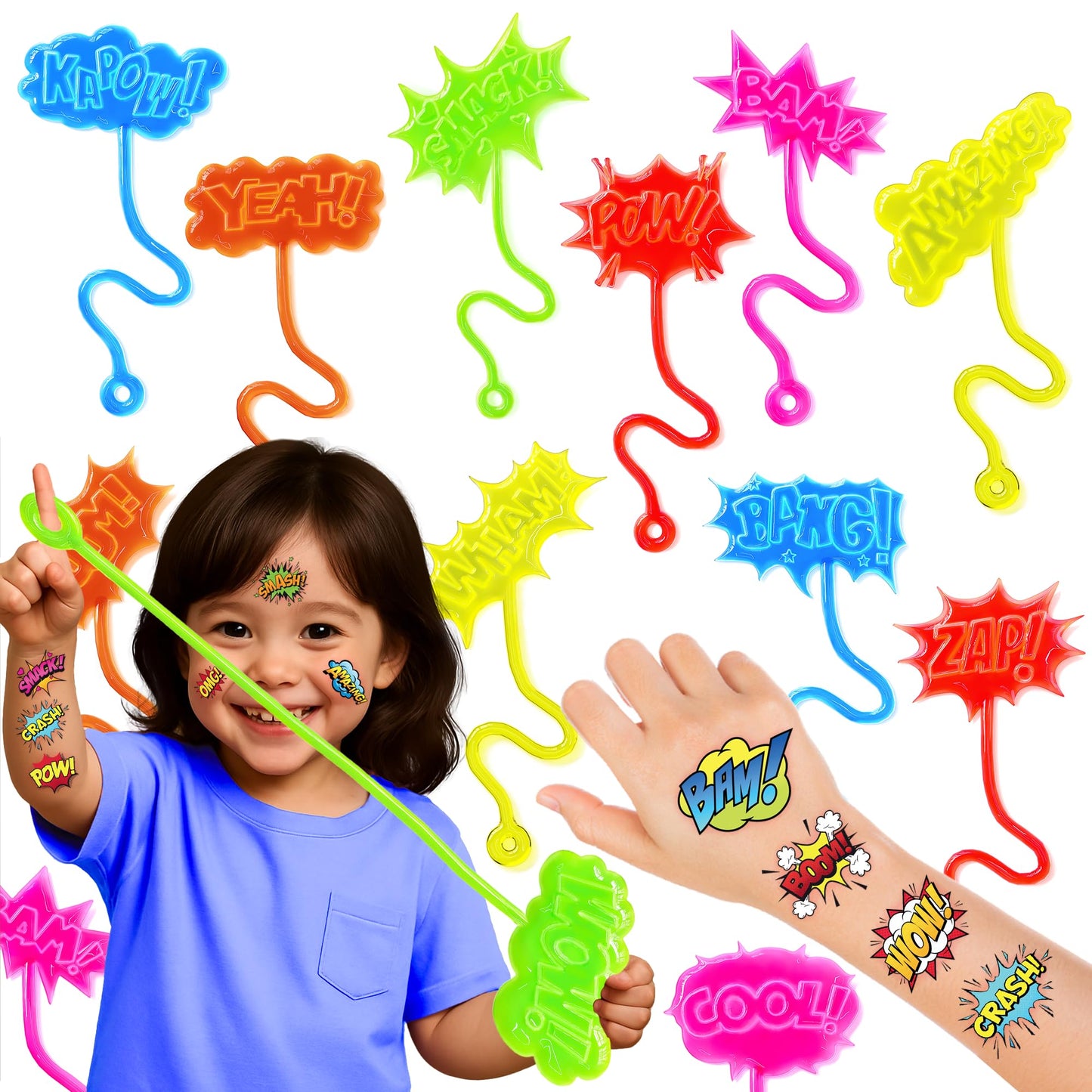 48PCS Hero Pow Party Favors - 24PCS Temporary Tattoos & 24PCS Stick Hands Party - Perfect Birthday Party Supplies, Goodie Bag Stuffers, Treasure Box Toys, Classroom Prizes, and Student Gifts