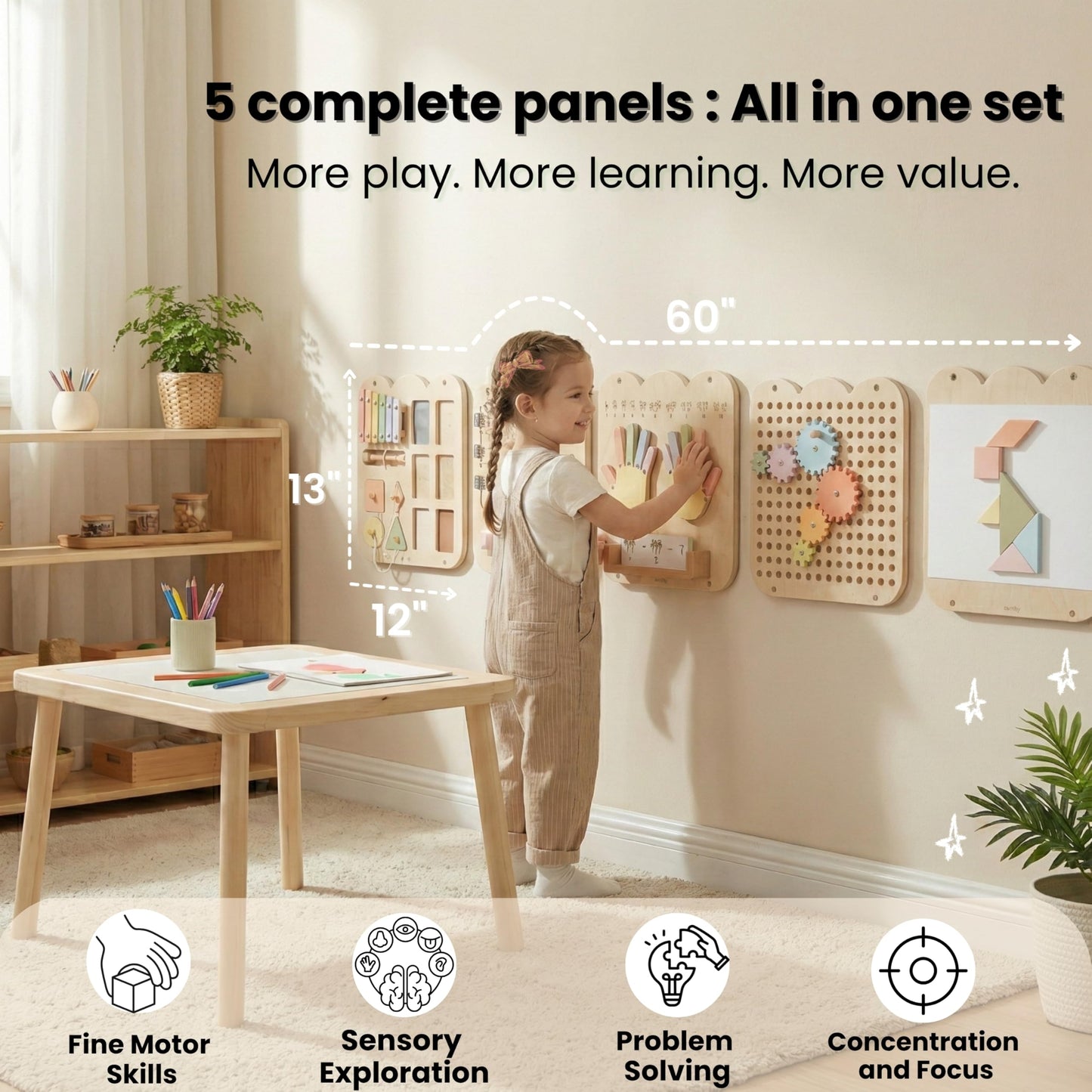Nurtify 5 Panels, Wall Busy Board for Toddlers 2–7, 25-in-1 Montessori Wall Activity Board, Wooden Busy Board Wall Mounted, Sensory Wall Panel for Kids, Toddler wall Activity, Large Modular System