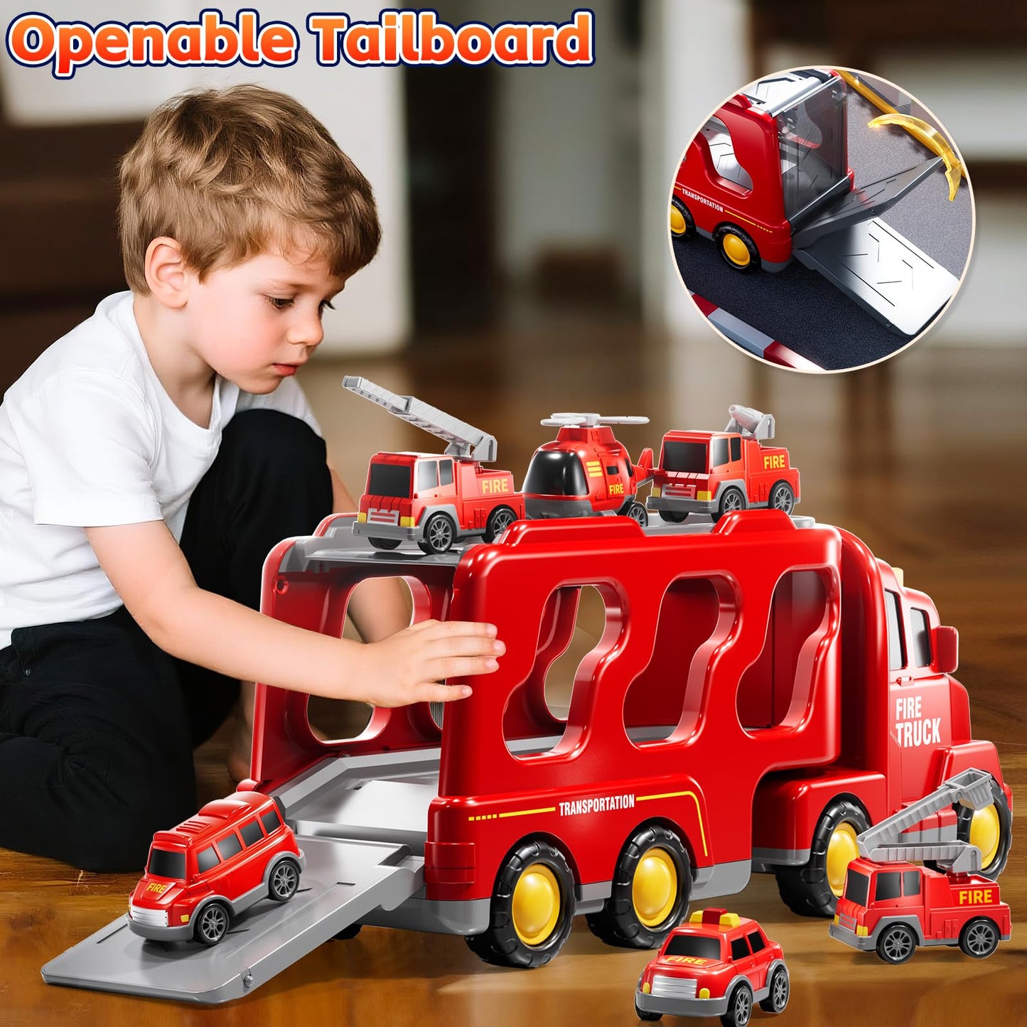 KIZONLY Fire Truck Toys for Toddler 1-3 3-5, 7-in-1 Fire Car Carrier Vehicle Set for Girls 1 2 3 4 5 6 Years Old, Transport Car with Light Sound, Birthdays Gifts for Kids Girls Aged 3-9