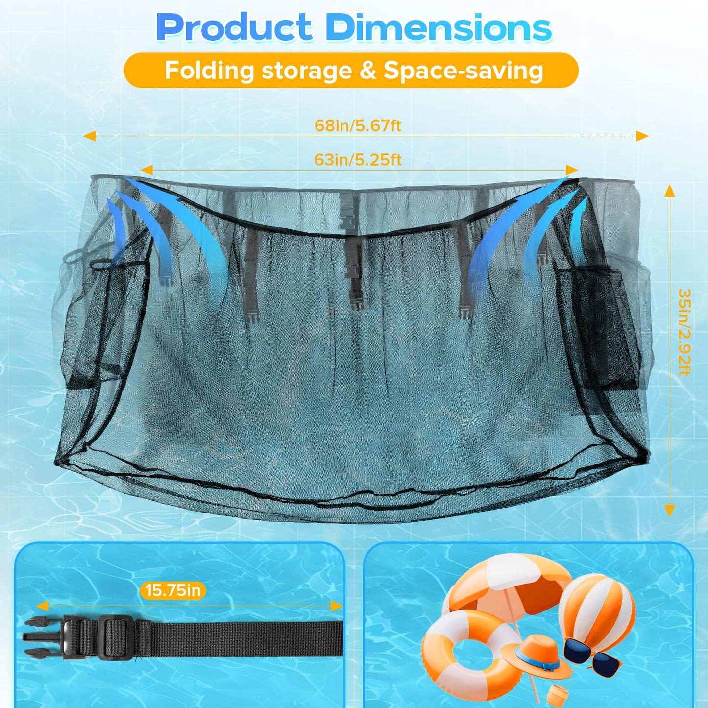 Nigelia Extra Large Hanging Pool Float Storage Net Bag, Elastic Mesh Pool Float Holder Storage Rack with 5 Buckle Webbing, Poolside Organizer for Floats, Balls, Water Inflatable Toys Rafts