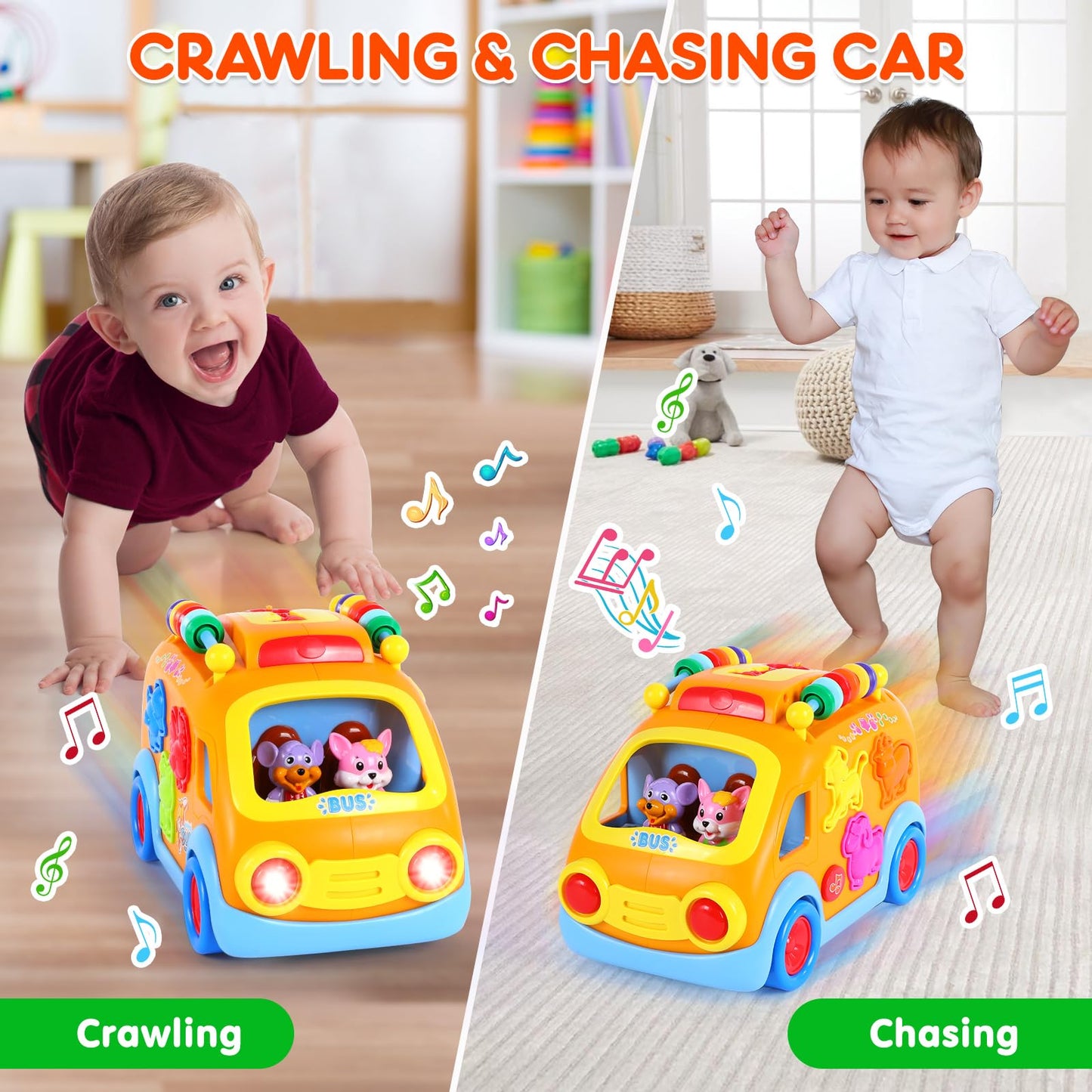 Toy Cars for 2 Year Old Boy Toys, Baby Boy Gifts, Musical Learning Crawling Toys for Toddlers 2-3, Educational Baby Bus with Animal Blocks, Christmas Birthday Gift for 2 3 4 Year Old Boys Girls Kids