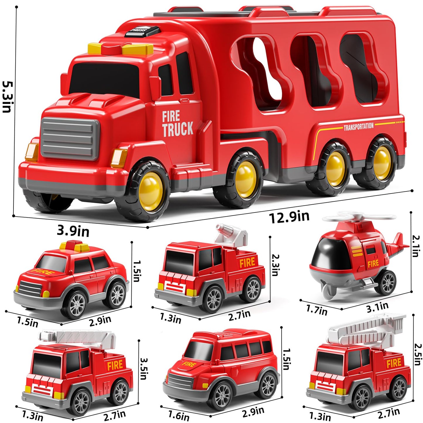 JUKUDAHU 7-in-1 Fire Trucks for 3 4 5 6 Years Old Boys - Transport Car for Toddlers 4-6, Sound and Light Kids Toys for Ages 2-4, Gift for Ages 5-7, 4-8 Year Old Girl Birthday Gifts