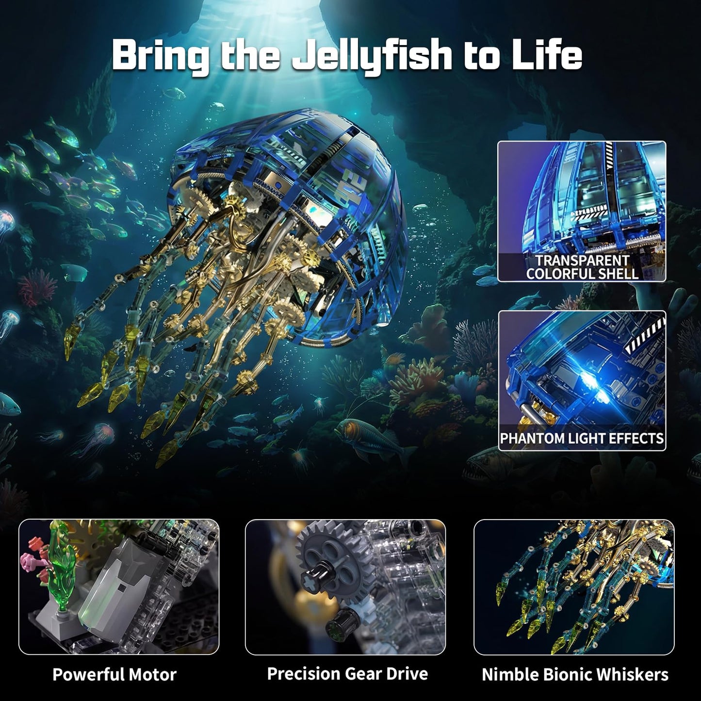 Holexapyd Mechanical Ocean Jellyfish Building Sets for Adults, Cyberpunk Sea Animals with LED Lights & Stand, Aquarium Fish Tank Decor, Creative Set (1146 PCS)