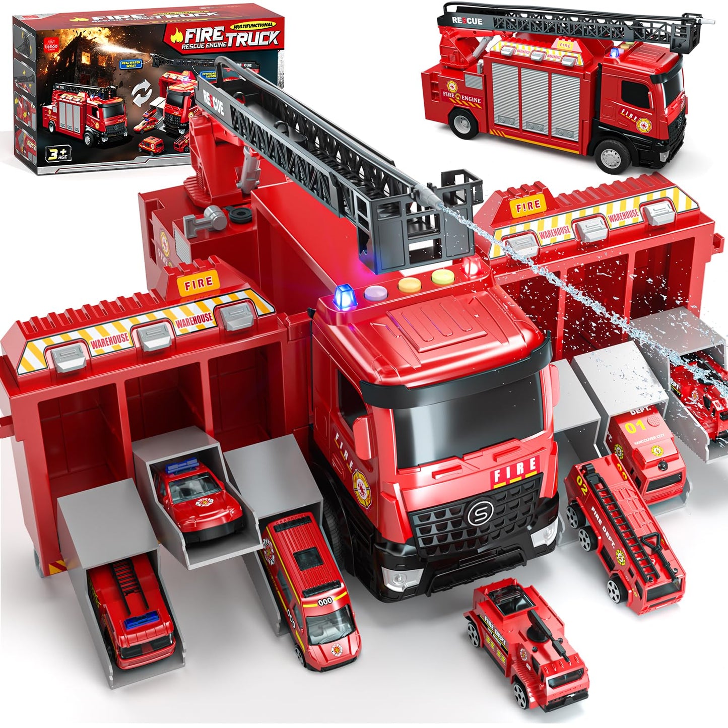 Lehoo Castle Fire Truck Toy for 3 4 5 Years Old Boys, Fire Trucks Playset with Rotating Ladder, Realistic Lights & Sounds, Birthday Gifts for Toddlers 3+