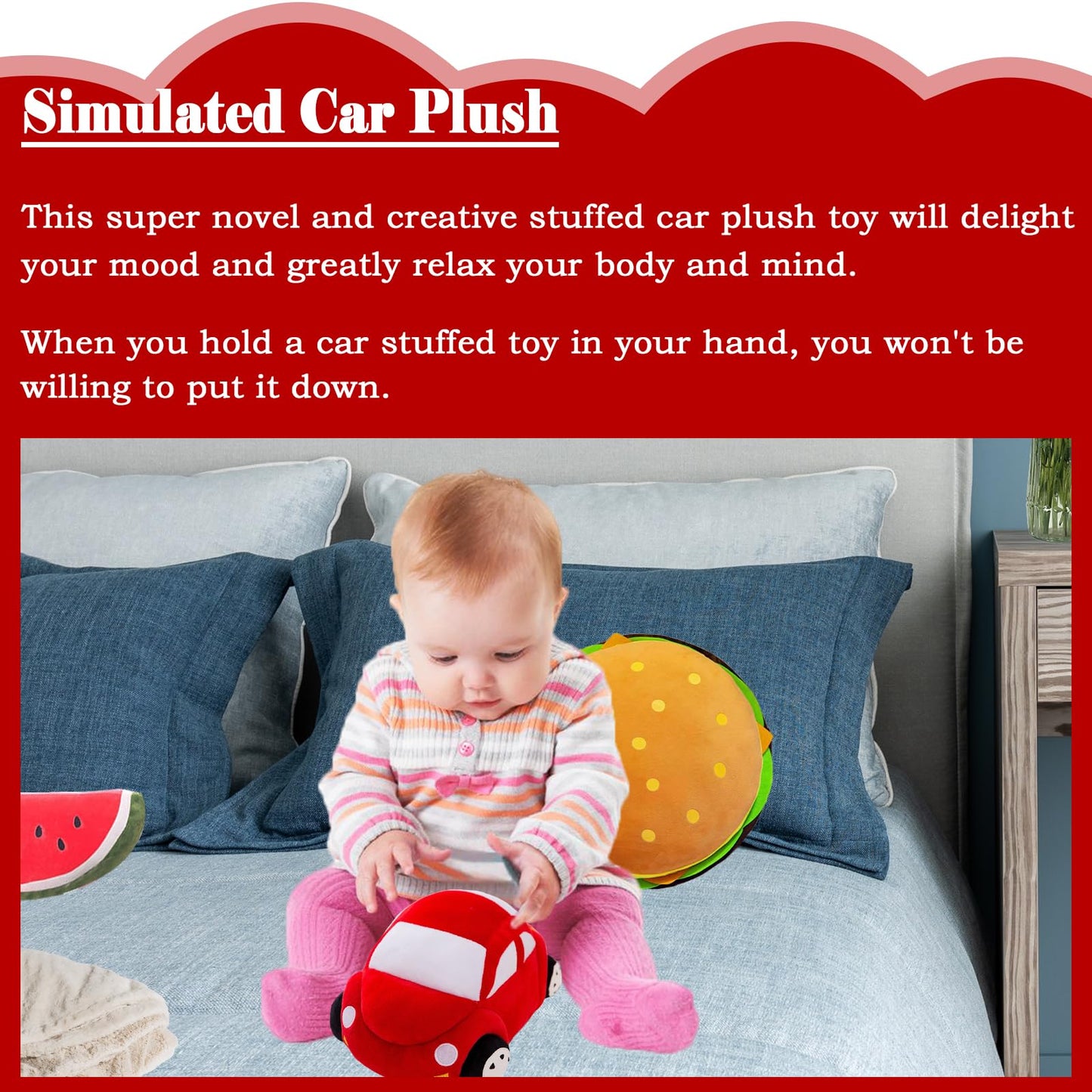 zhidiloveyou Car Plush Red Stuffed Car Shaped Pillow Cute Toy Decor Gifts for Kids, 11.8 inch