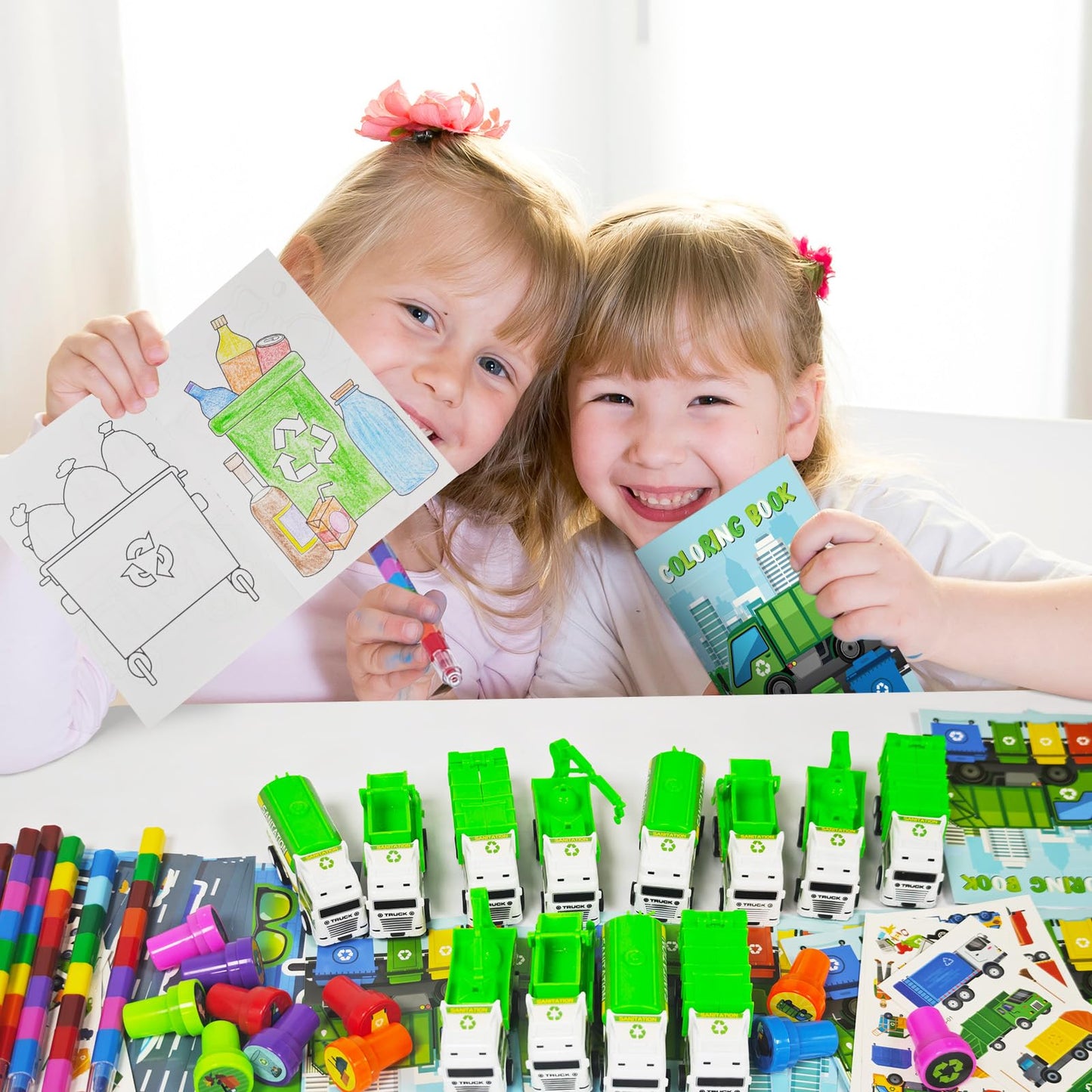 Cinrobiye 72 PCS Garbage Truck Coloring Books Party Favor Set Garbage Party Goodie Bag Fillers Truck Birthday Party Supplies DIY Scene Stickers Temporary Tattoos Prizes Art Crafts for Home School