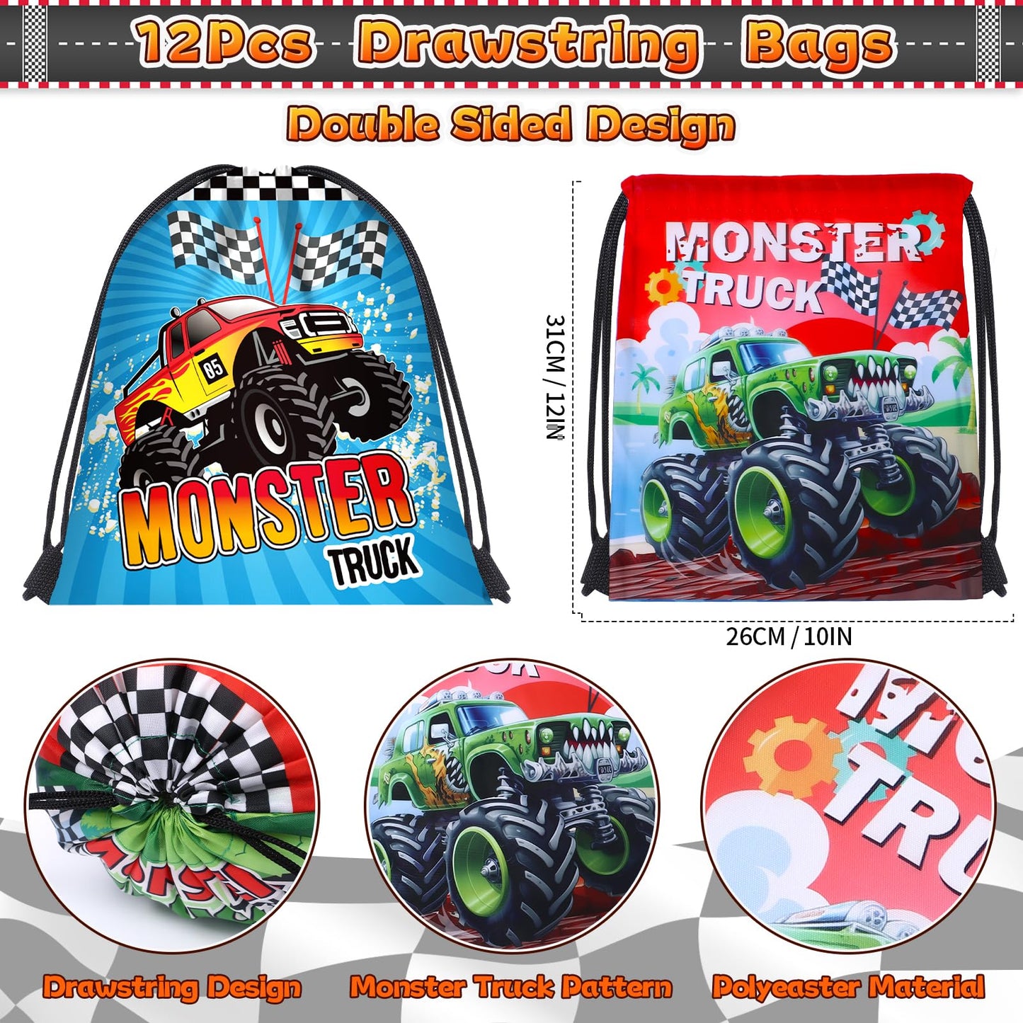 SNLN Monster Truck Party Favors Birthday Supplies for Boys Kids, Drawstring Bag Silicone Bracelet Keychain Tattoo Sticker Pinata Goodie Bag Stuffers Monster Truck Birthday Party Supplies Decor