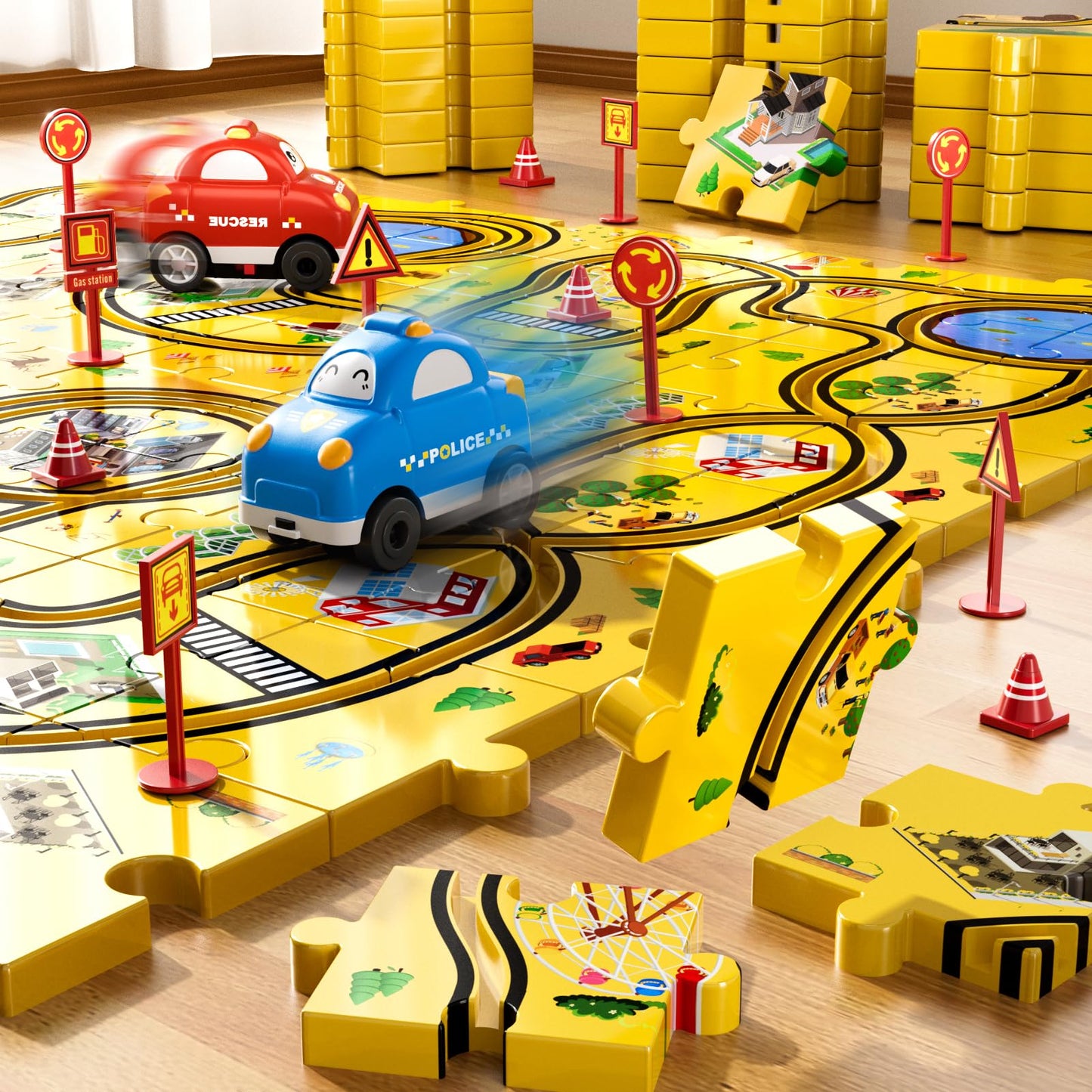 Bennol 56Pcs Puzzle Race Car Track Set Toys for Kids Floor Puzzle Tracks Car Gifts for 3 4 5 Year Old Boys Kids Toys Gifts for 3 4 5 Year Old Boys Puzzle Racer Set for Ages 3-5 4-6