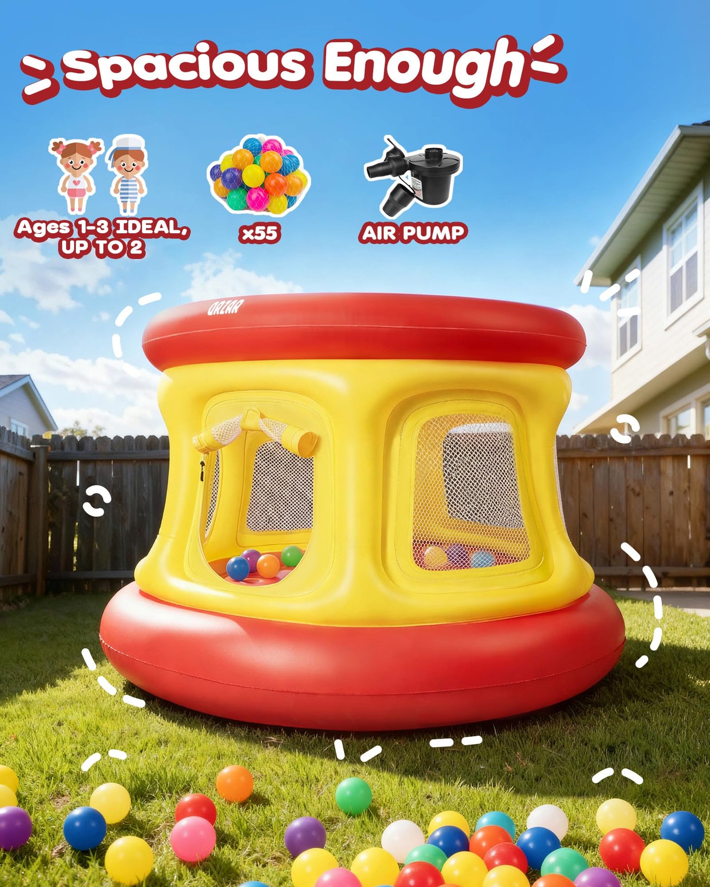 All-in-1 Inflatable Bounce House with 55 Balls for Toddlers 1-3, Playpen, Ball Pit and Trampoline, Thickened Matte PVC, Safety Net, 3-Min Setup with Air Pump for Kids Indoor and Outdoor Play(51'')