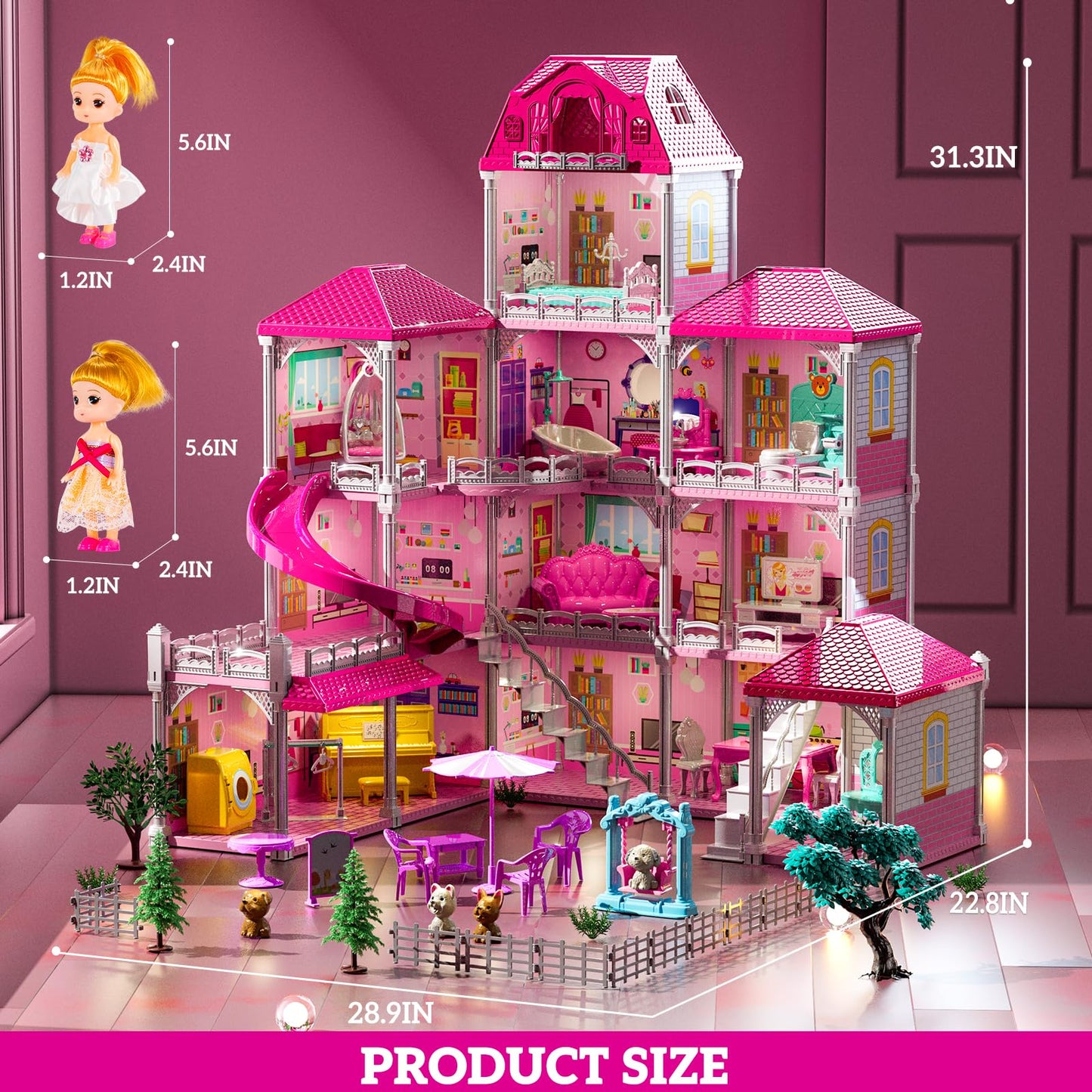 JUKUDAHU Villa Playset for Girls Ages 3-7, 4-Story 12 Room House with 2 Dolls, Furniture and Accessories, Indoor Playset Girls Toys for Ages 6-8, Pretend Toddler Toy, Birthday Gifts for Kids 4-8
