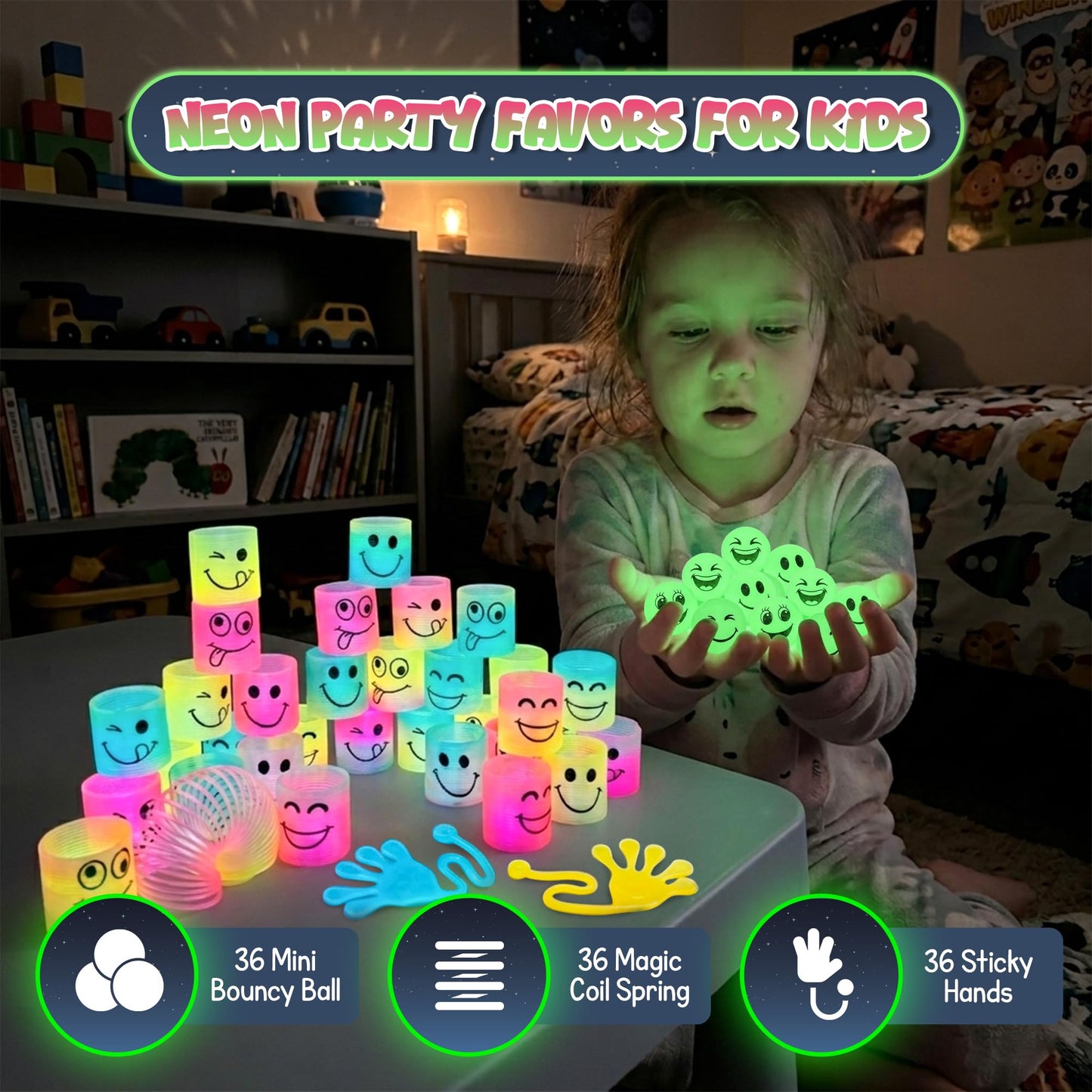 4E's Novelty 108 Pcs Glow in The Dark Toys - 36 Bouncy Balls, 36 Coil Spring, 36 Sticky Hands, Bulk Party Favor or Kids Goodie Bags Birthday Party Supplies, Easter Egg Filler & Basket STuffers