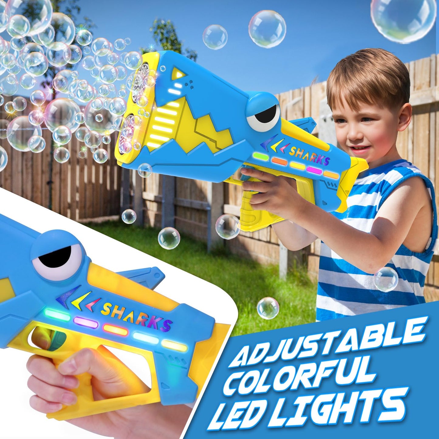 Britik Bubble Gun for Kids Ages 4-8: Shark Light Up Bubble Machine for Toddlers, Rechargeable, 2 Bubble Solution, Outdoor Toy Party Birthday Gift for 3 4 5 6 7 8 Year Old