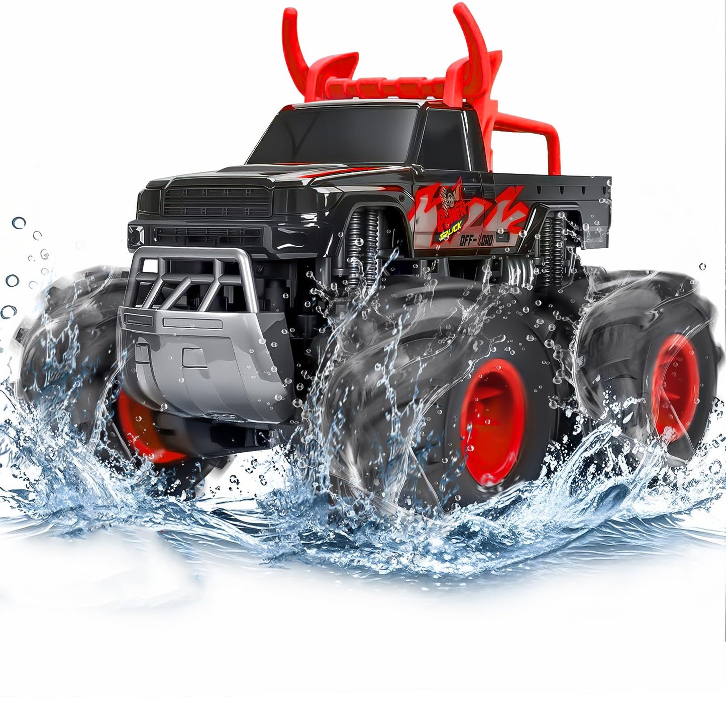 1:16 Waterproof Monster Truck Toys RC Cars, 2.4GHz Remote Control Truck for Kids Boy Ages 8,9,10,11,12 Years Old, 4WD All Terrain Off-Road with LED Lights RC Boat for Boy Girl Birthday Gift - Red