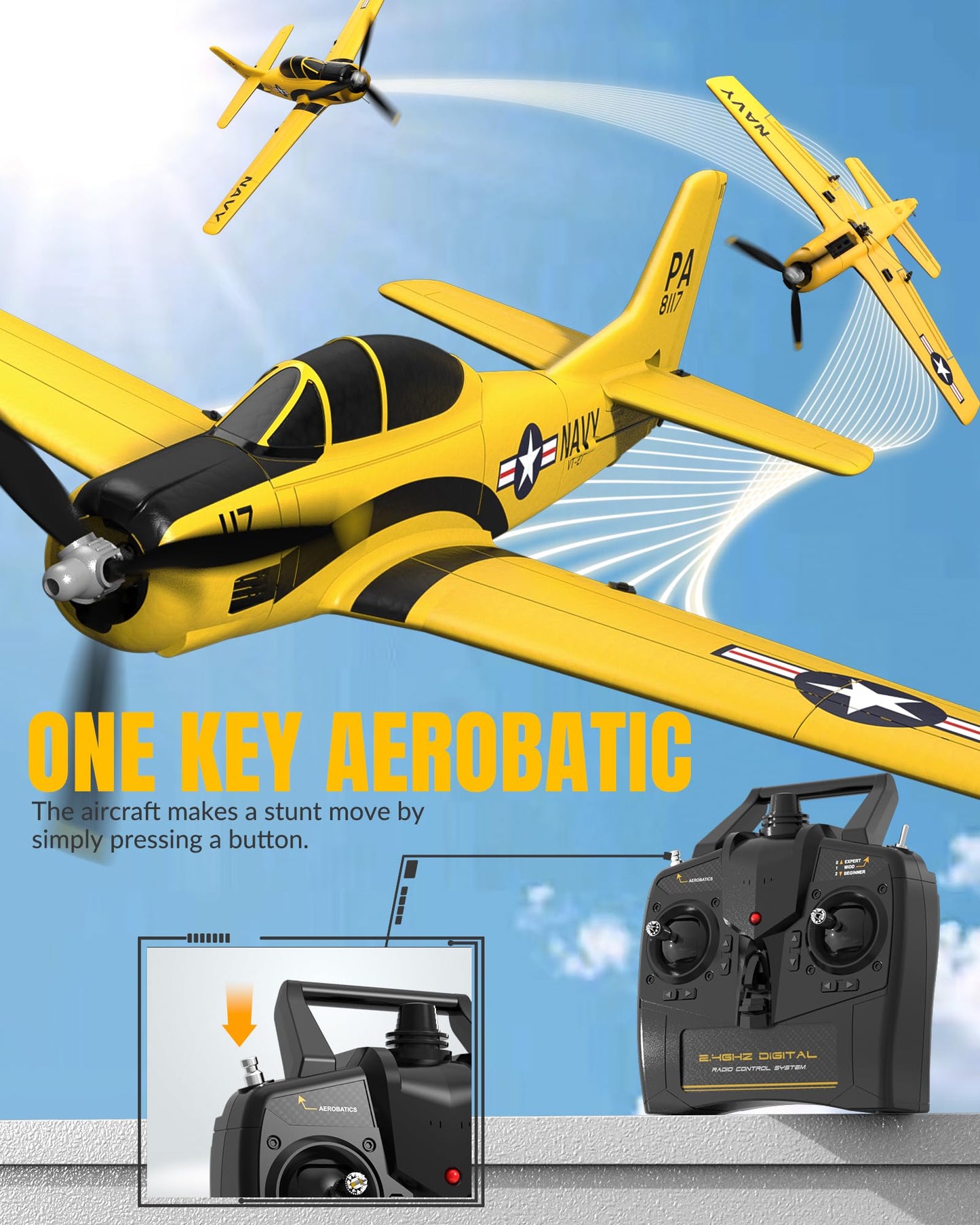 volantexrc RC Plane for Beginners, 4CH WWII RC Airplane T28 Trojan with Aileron, 2.4Ghz Remote Control Plane with Xpilot Self Righting&One Key Aerobatic for Adults (761-9 RTF Yellow)
