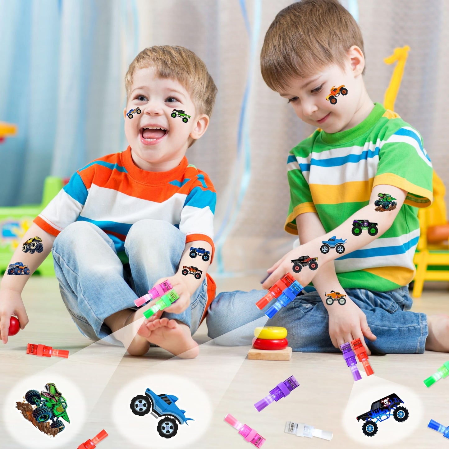 72 PCS Monster Truck Party Favors – 48 PCS Tattoos & 24 PCS LED Finger Lights Combo – Birthday Goodie Bag Fillers, Party Supplies, Gifts Light Up Toys Glow In The Dark for Boys and Girls