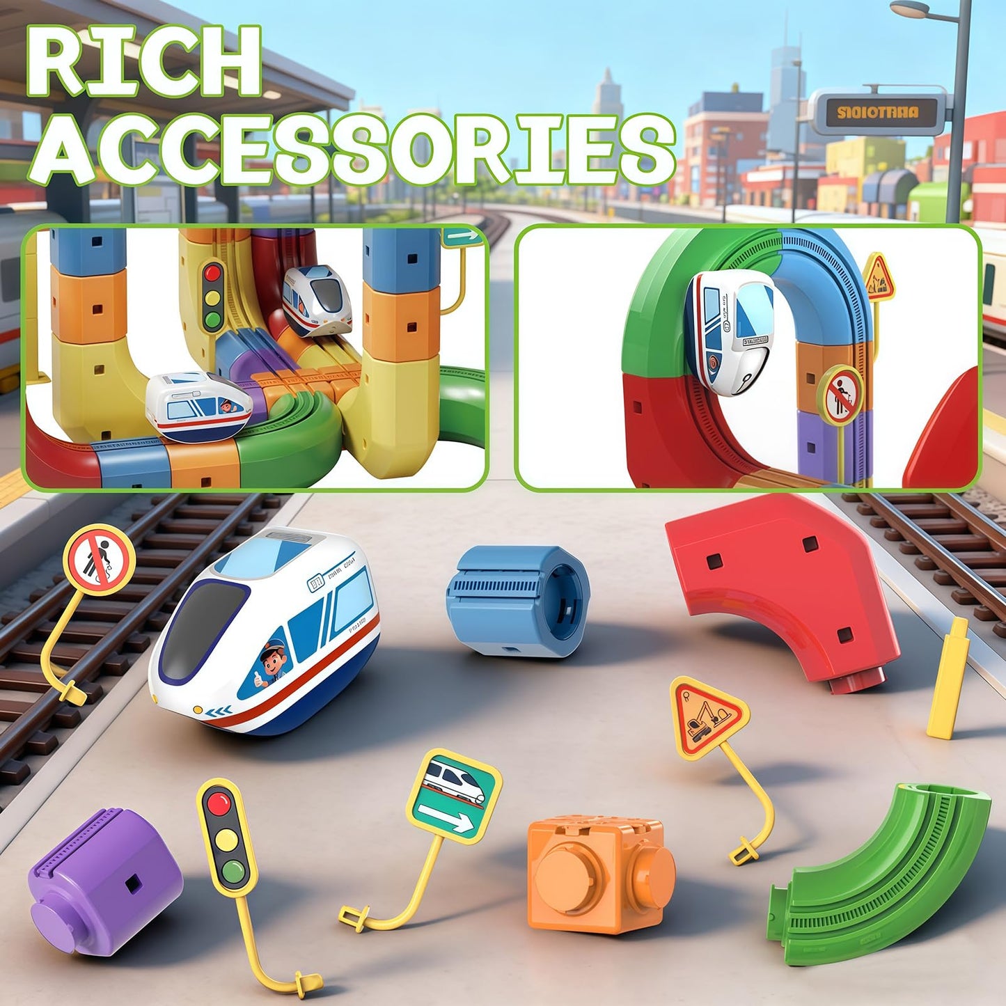 Magical Track Car Toys,Flexible Car Track Magical Train Set,DIY Race Car Track Building Kits with Train and Traffic Signs,for 4-8 Year Old Boy Toys Boys Girls Birthday Party Gifts (81PCS)