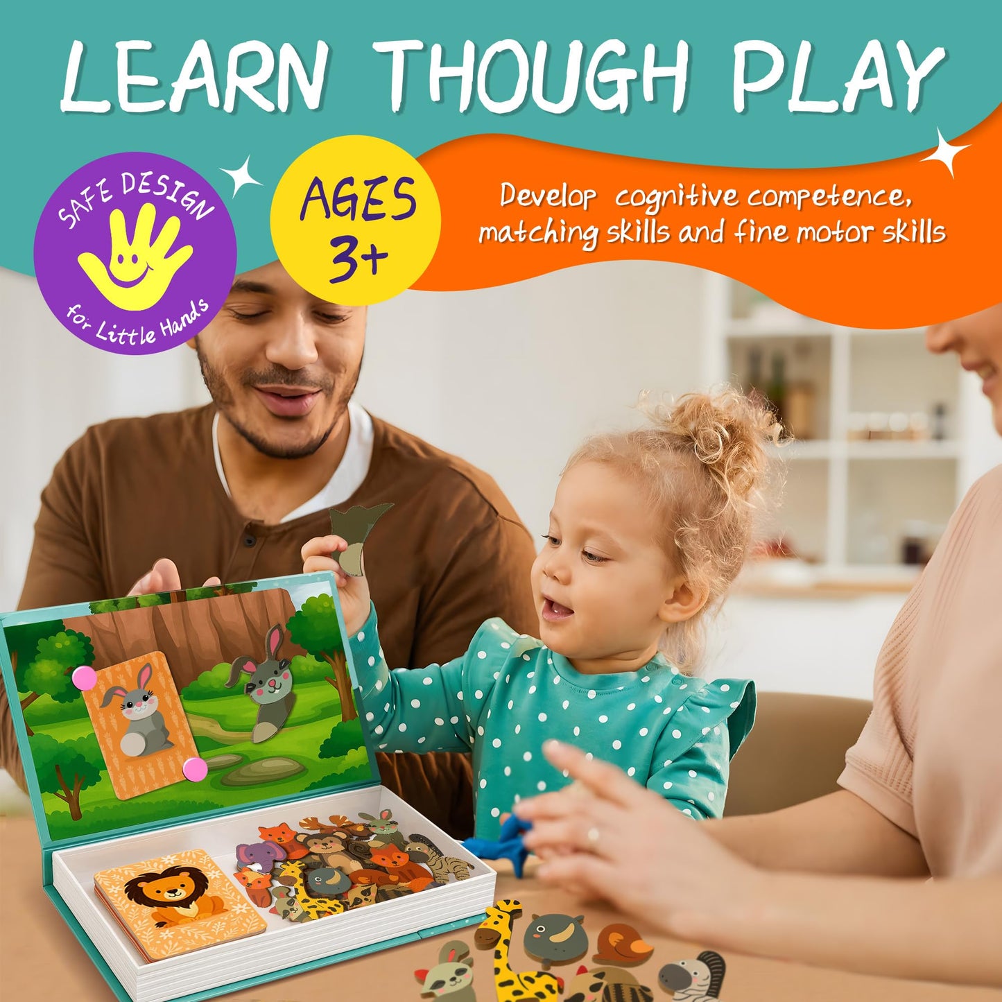 ROHSCE Animal Magnetic Busy Book for Toddlers, Montessori Quiet Travel Toy with 45 Magnets & Activity Cards, Plus Rocket Launcher Model Kit Outdoor Rocket Toy Gift for Kids