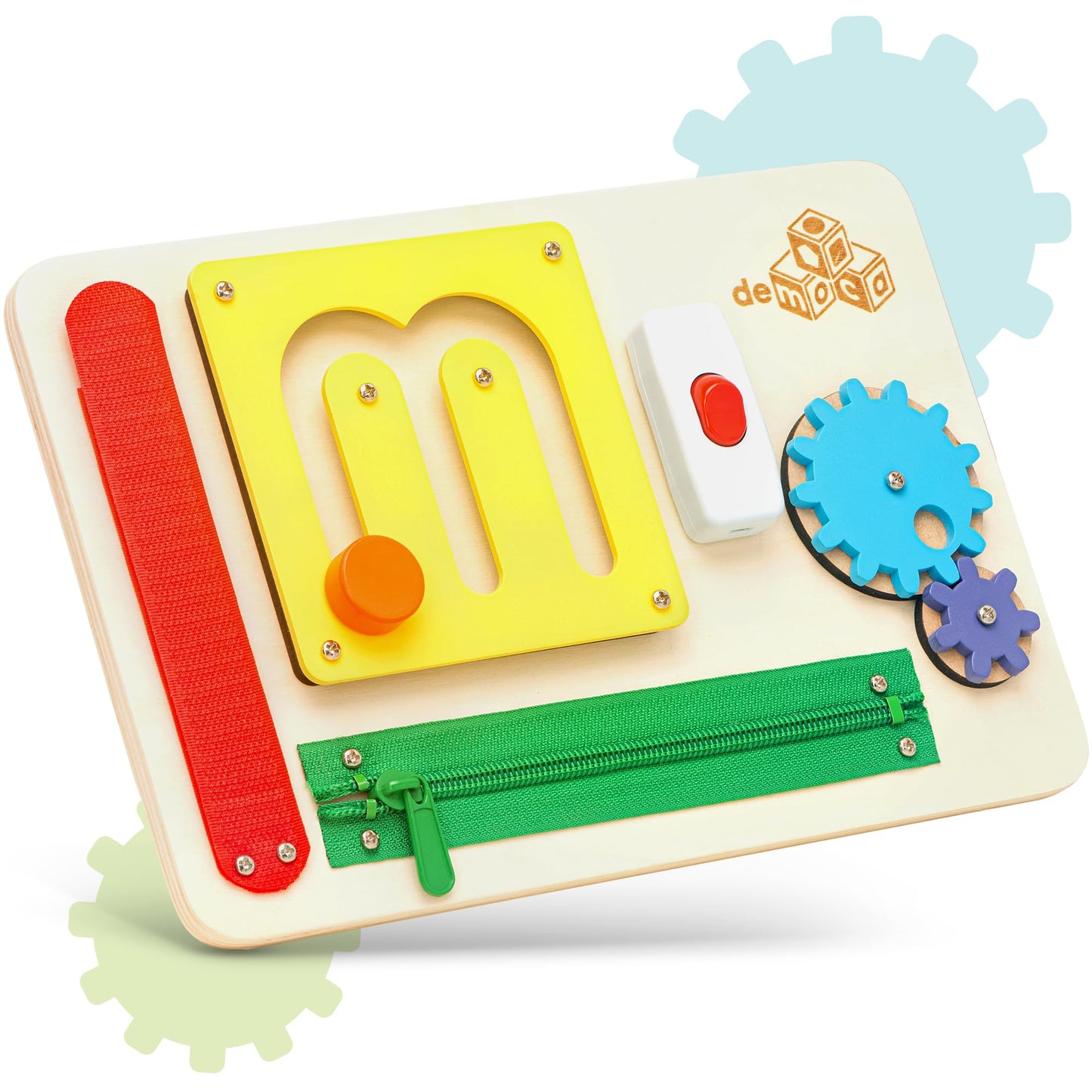 deMoca Sensory Busy Board for 1 Year Old, Travel Wooden Montessori Busy Board for Toddlers 1–3, Switch and Fidget Activity Board for Early Motor Skills and Travel Play