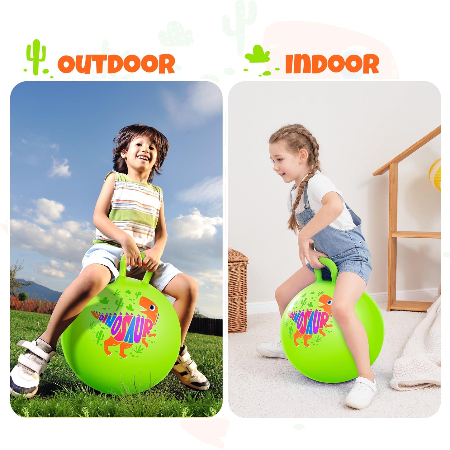 ZOOJOY Hopper Ball for Kids, 18In Bouncy Ball with Handle, Inflatable Green Dinosaur Boys Toys with Pump, Indoor Outdoor Hopping Gifts for Boys Girls 3 4 5 6 7 8