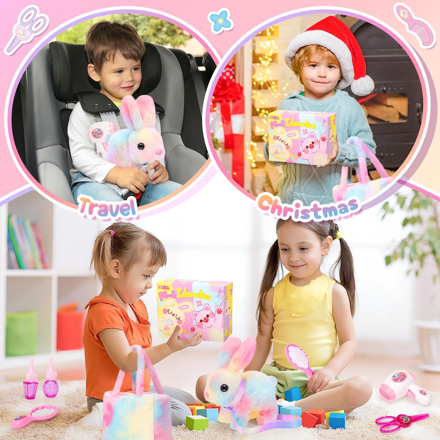 NINAOR Plush Interactive Bunny Toys for Kids with Tote Bags,Stuffed Robot Pet Rabbit with Leash Hopping Wiggle Ears Pretend Play,Realistic Cute Fidget Toys for Toddler Stocking Stuffers Birthday Gifts