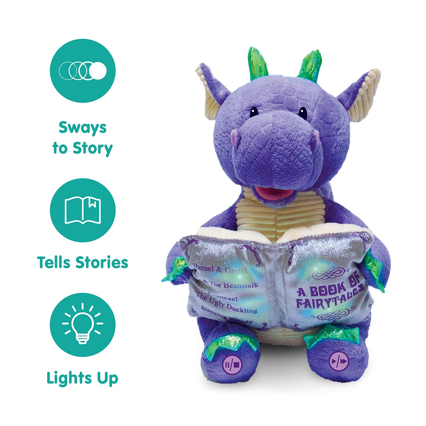 Cuddle Barn | Dalton The Storytelling Dragon with Light Up Book - Animated Stuffed Animal Plush Toy | Mouth Moves, Head Sways | Recites 5 Fairy-Tales - 11" Height