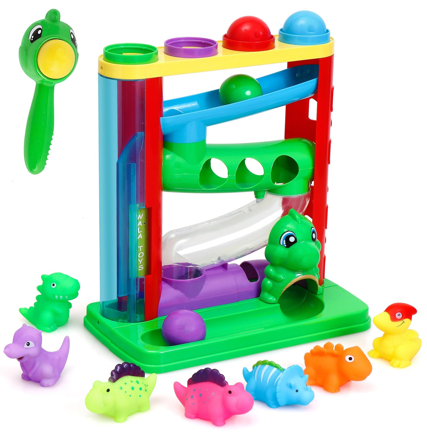 WALA - Pound a Ball Dinosaurs Toy - Super Durable Toddler Girls and Boys Toys - Comes with Ball Tower, Ball, Hammer, and 7 Dinosaur Toys for Kids - Educational Baby Hammer Toy - STEM Development