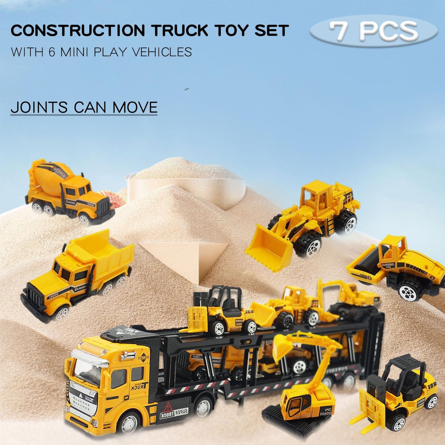 OTONOPI Car Transport Truck Toy Construction Diecast Cars Play Vehicle Set Carrier Trailer Truck with Mini Crane Excavator Digger Dumper Tractor for Kids Pack of 7