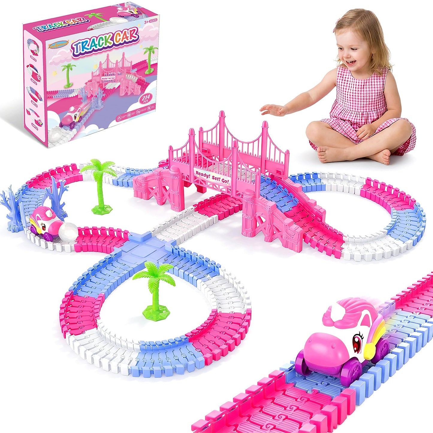 Race Car Tracks Toy Set for Girls Age 3-8, 214PCS Pink Princess Cars Toys with Monster Truck & Magic Bendable Train Tracks, Flexible DIY Raceway Set for Toddler Girls Christmas Birthday Gifts