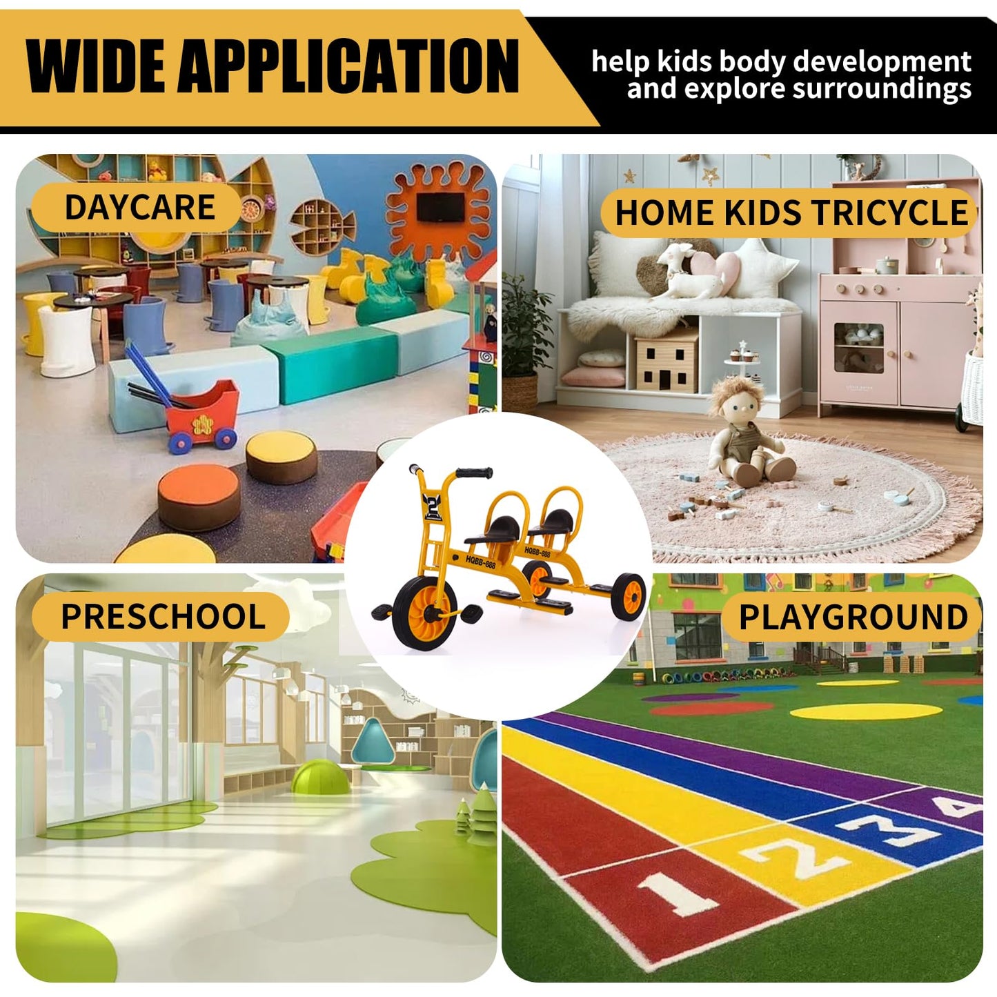 Kids Tricycle for Preschool Playground, Daycare Toddler Trike, Children Double Seat Bikes with Passenger Seat, Outdoor Playground Equipment, Toddler Tricycles for Riders Ages 3+