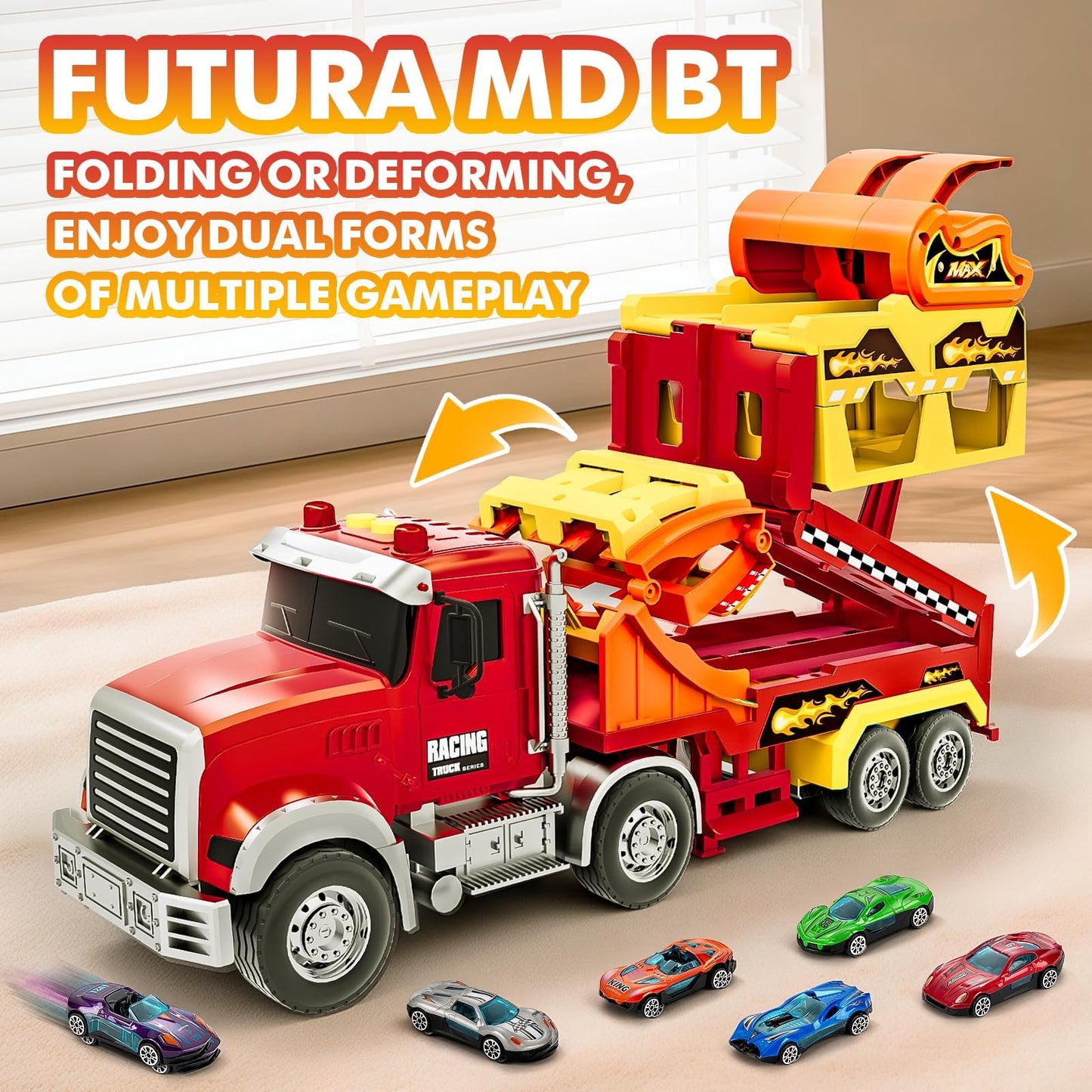 Truck Car Toys for 3, 4, 5, 6, 7, 8 Years Old Kids, Carrier Truck Race Track Toys, Foldable Transport Car Toys with Foldable Race Tracks and 6 Metal Cars, Birthday Gifts for Toddler Boys Girls (Red)
