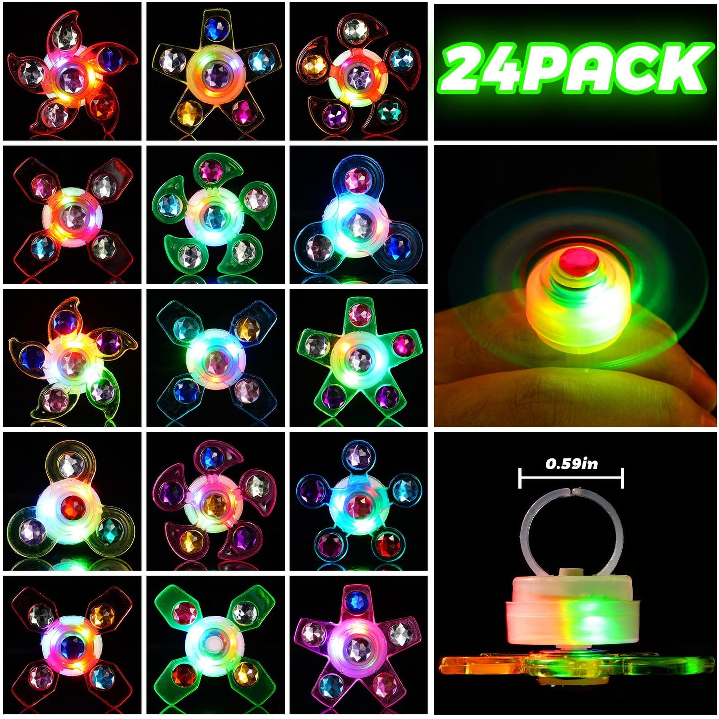 Mikulala 24 PCS LED Light Up Fidget Spinners Rings Christmas Party Favors for Kids 4-8 8-12 Goodie Treat Bag Stuffers Pinata,Birthday Gifts Goodie Bag Stuffers,Glow in The Dark Party Supplies