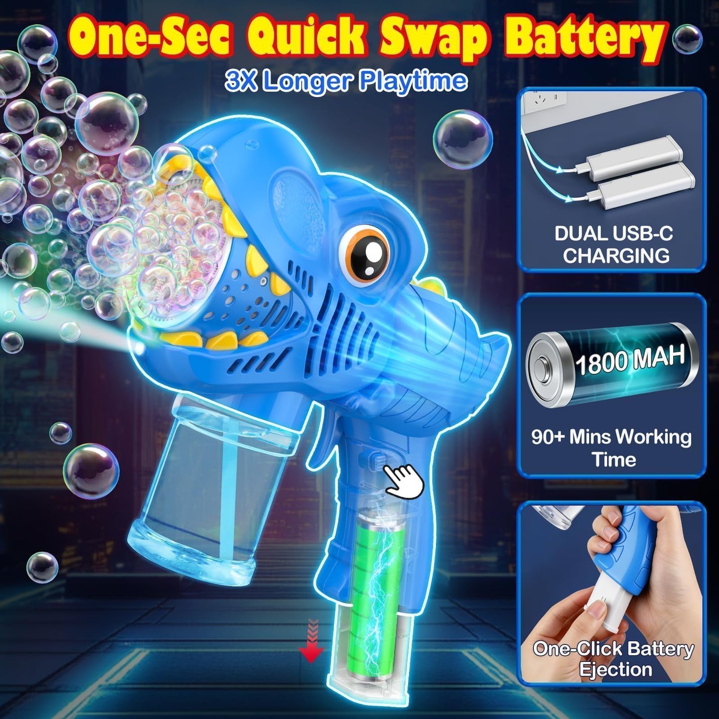 2Pcs Bubble Machine Gun Kids Toys Bubble Maker with 1800mAh Rechargeable Battery 4 Solutions Bubbles for Kids 4-8 Toddlers 1-3 Easter Basket Stuffers Dino Outdoor Toy Valentine Boy Girl