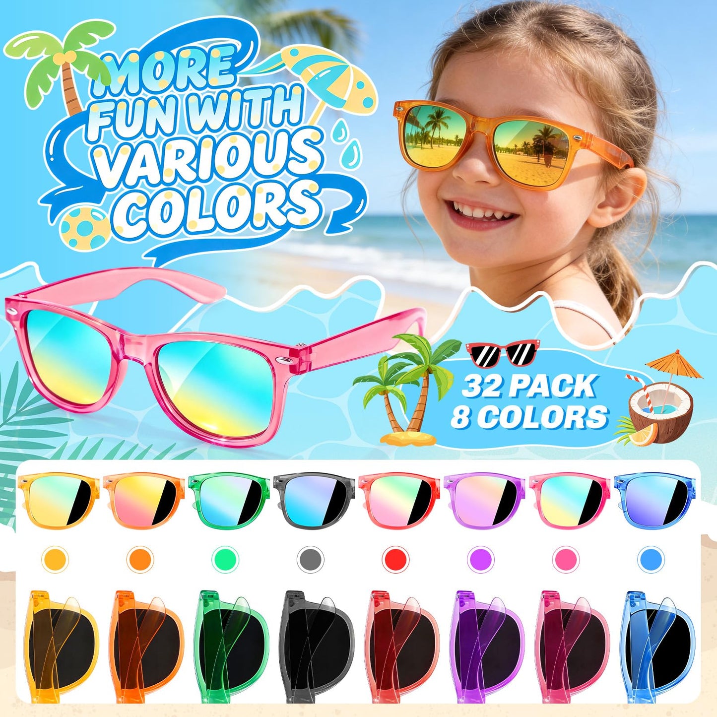 Party Favors Kids Sunglasses - Toddler Sunglasses Bulk for Kid Age 3-8, Neon Glasses with UV 400 Protection for Boys Girls, Goodie Bags Stuffers for Birthday Classroom Graduation Gifts - 32 Packs