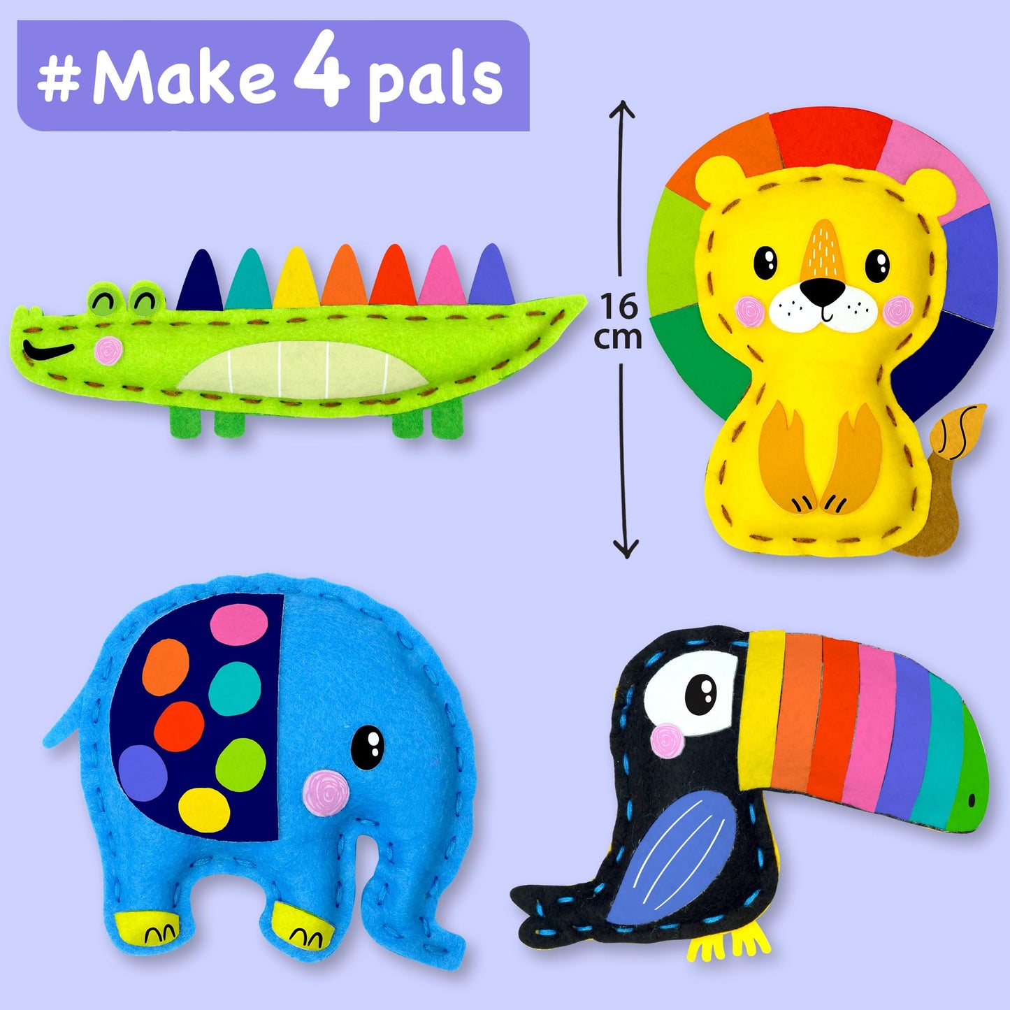 EZCRA Safari Animals Sewing Kit for Kids Ages 4-8, Elephant No-Mess Felt Craft Projects, 4 Easy Beginner Learn-to-Sew Toys for Boys and Girls