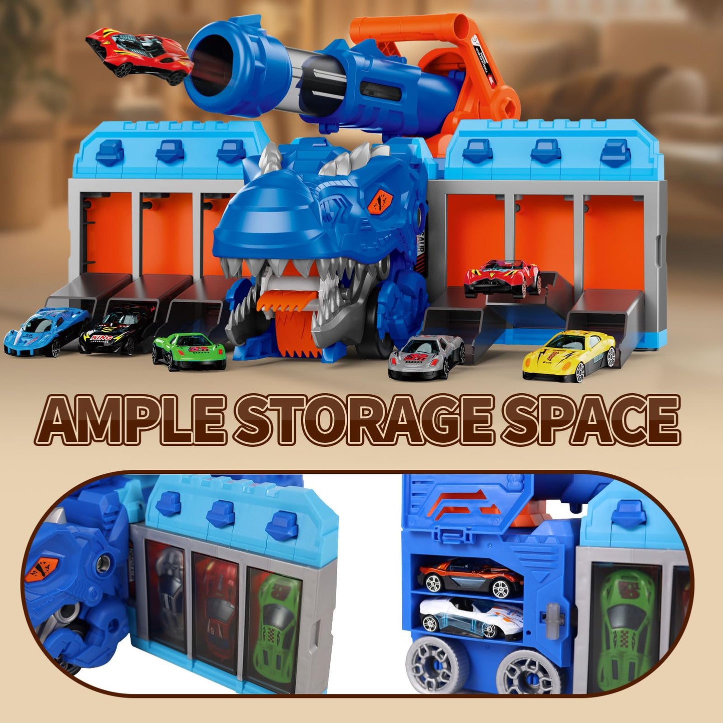 Dinosaur Truck Car Toy for Kids 3-12, Foldable Dino Truck Toys with 10 Mini Carts, 12 Soft EVA Balls, Tyrannosaurus Rex Playset for Boys, Ejection Shooting Game Play, Birthday Gifts for Kid 3 4 5 6