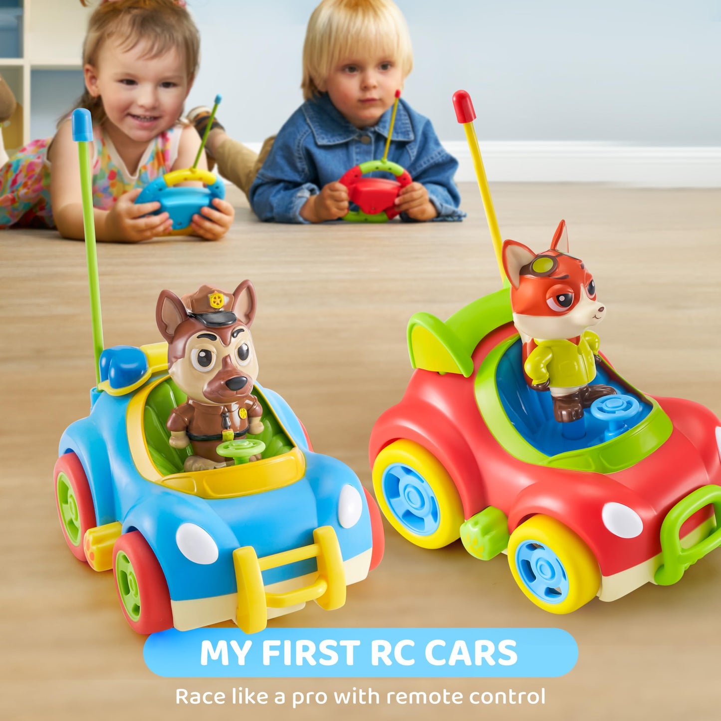 lalalark JOVA 2 Pack Remote Control Car for Toddlers, RC Cars with Cartoon Figure, Kids Toy Bumper Cars with LED Lights and Sounds, Light Up Car with Music, Christmas Birthday Gift for Boys Girls